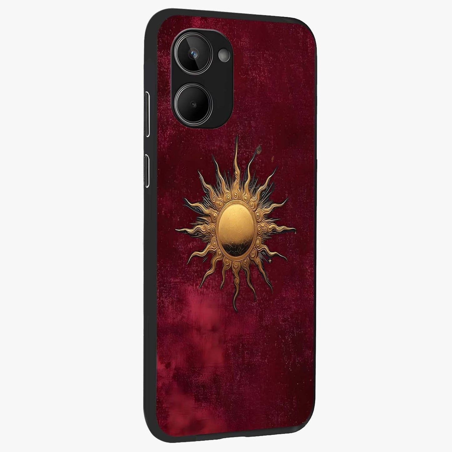 Golden Sun Minimalism Glass Case upright view showcasing simple golden sun artwork with elegant minimalist style.