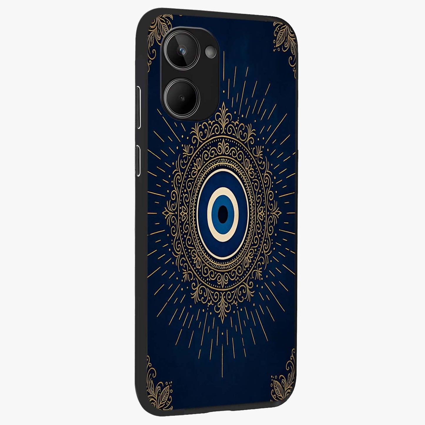 Golden Celestial Charm Glass Case upright view showcasing radiant celestial artwork with elegant golden theme.