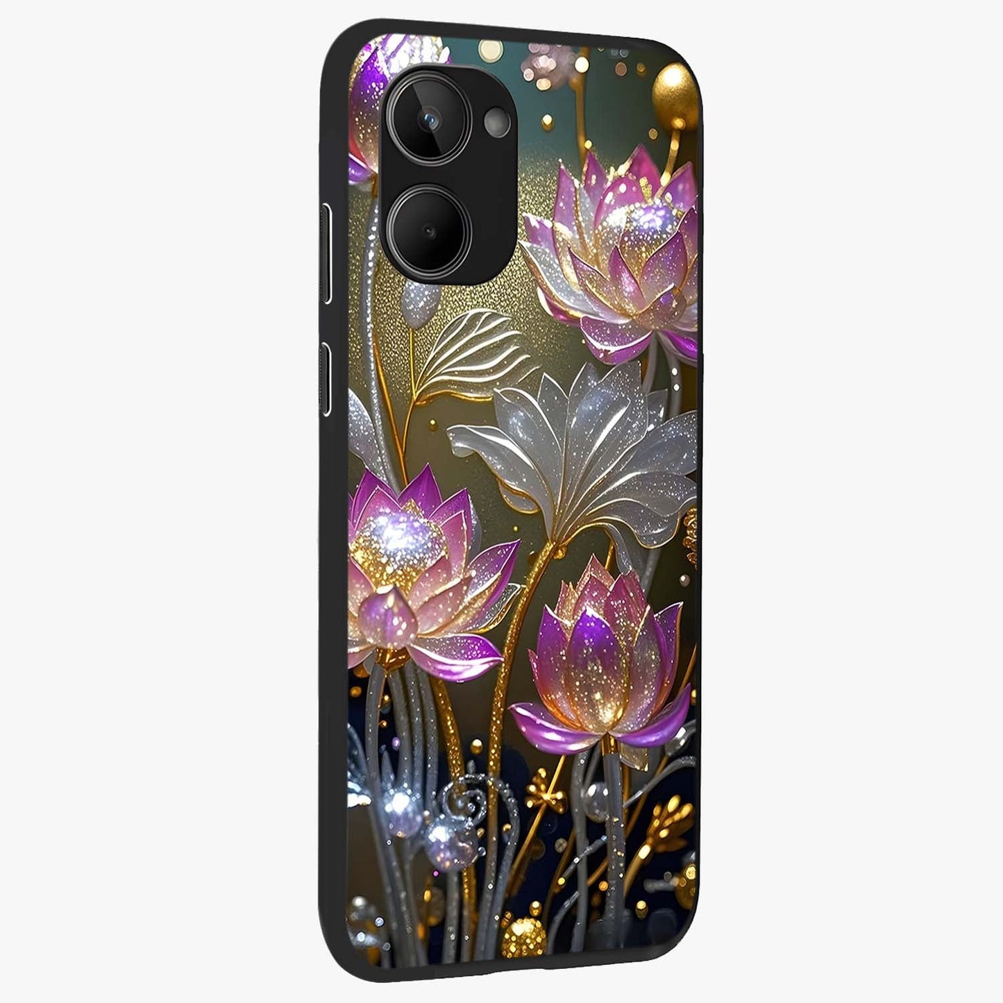 Golden Floral Majesty Glass Case upright view showcasing majestic floral artwork with rich decorative theme.