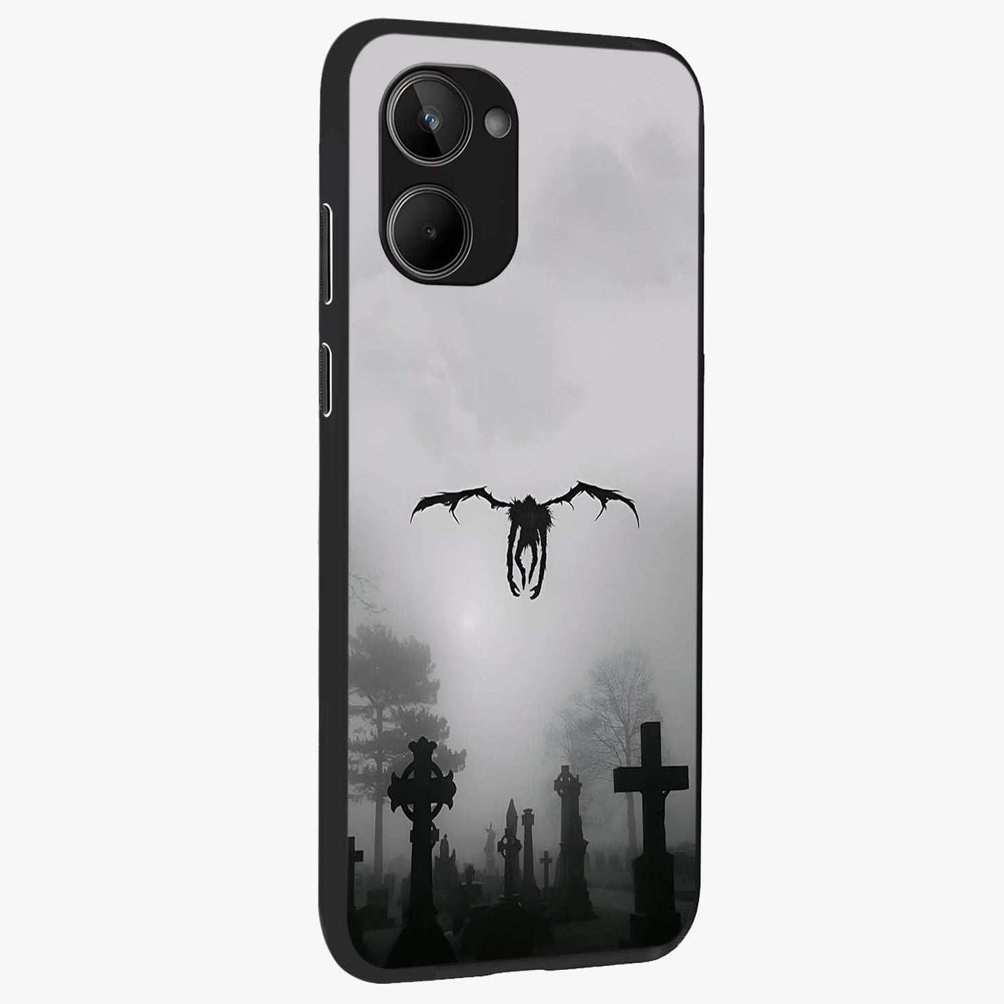 Graveyard Shadow Descent Glass Case upright view showcasing haunting graveyard artwork with dramatic dark theme.