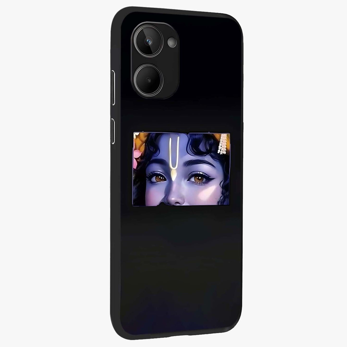 Krishna Divine Embrace Glass Case upright view showcasing sacred Krishna artwork with peaceful devotional theme.