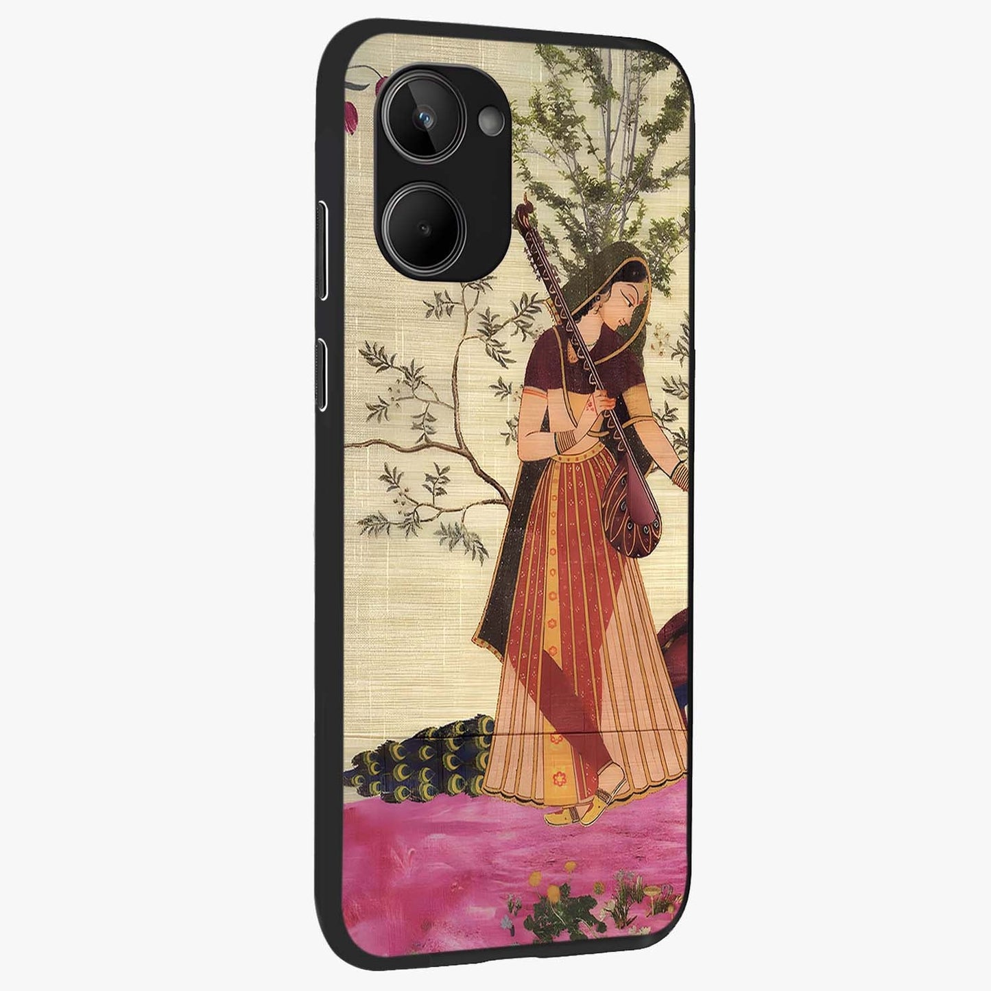 Lady With Veena Art Glass Case upright view showcasing classical veena artwork with traditional artistic theme.