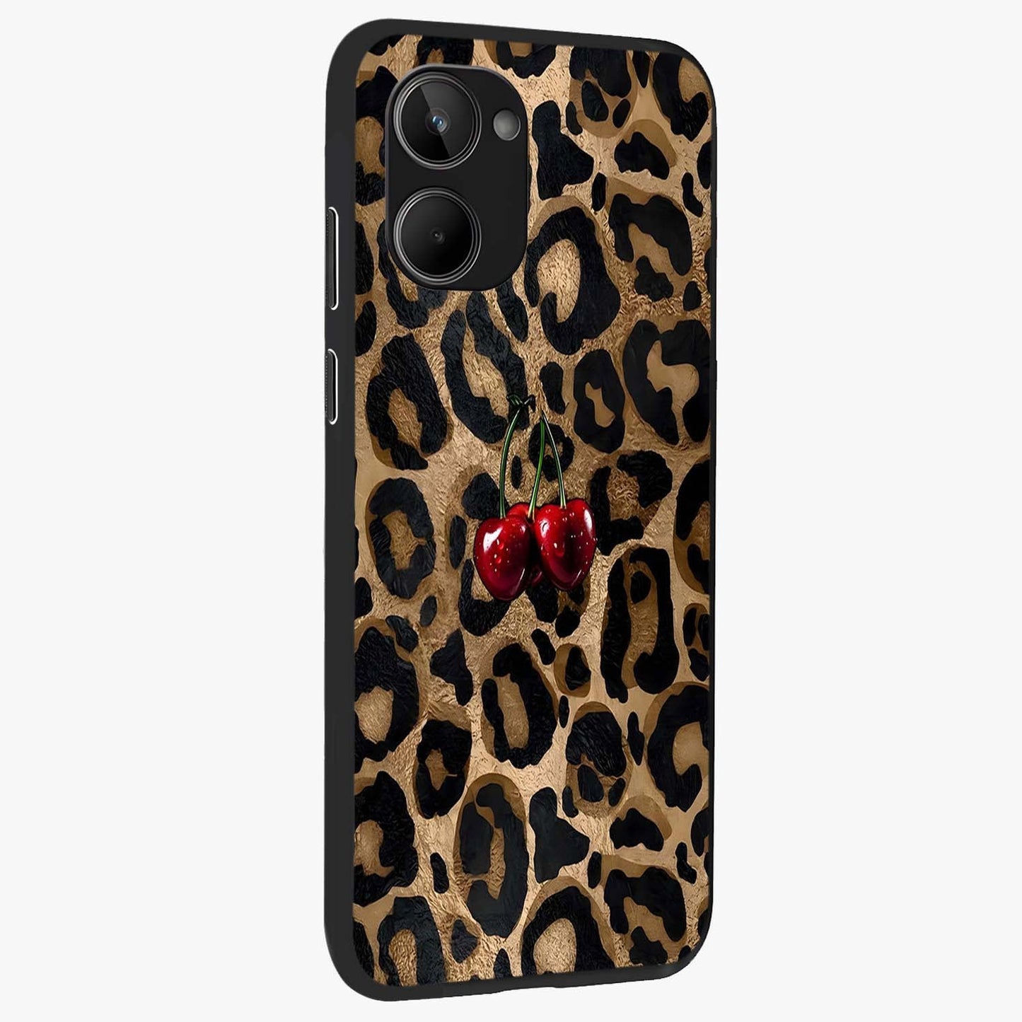 Leopard Wild Cherry Glass Case upright view showcasing stylish leopard pattern artwork with trendy fashion theme.