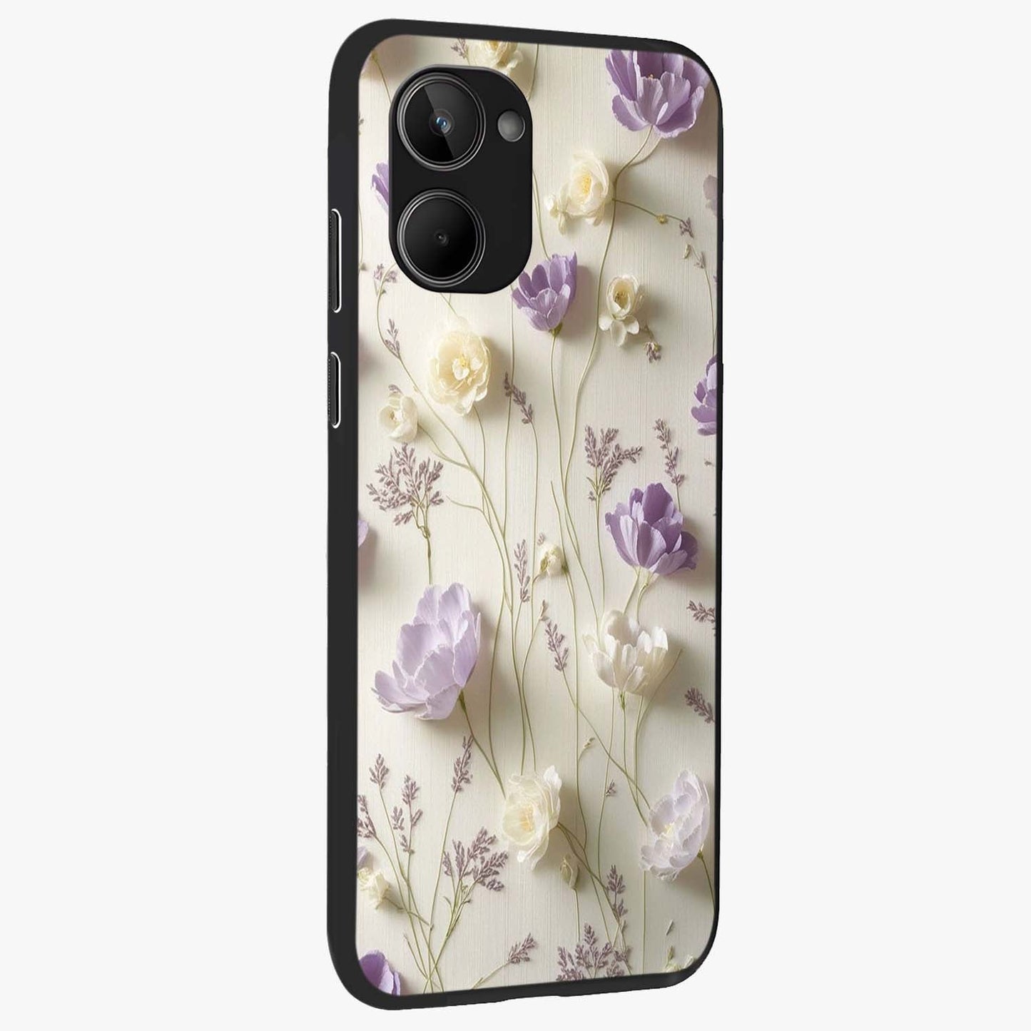 Lilac Breeze Harmony Glass Case upright view showcasing delicate lilac artwork with peaceful floral theme.