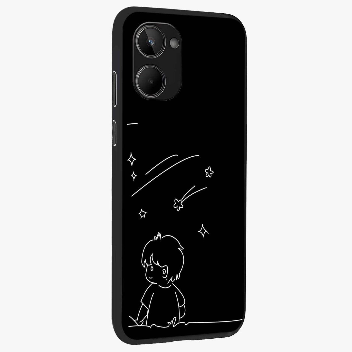 Line Art Boy With Shooting Stars Glass Case upright view showcasing artistic shooting star illustration with minimal style.