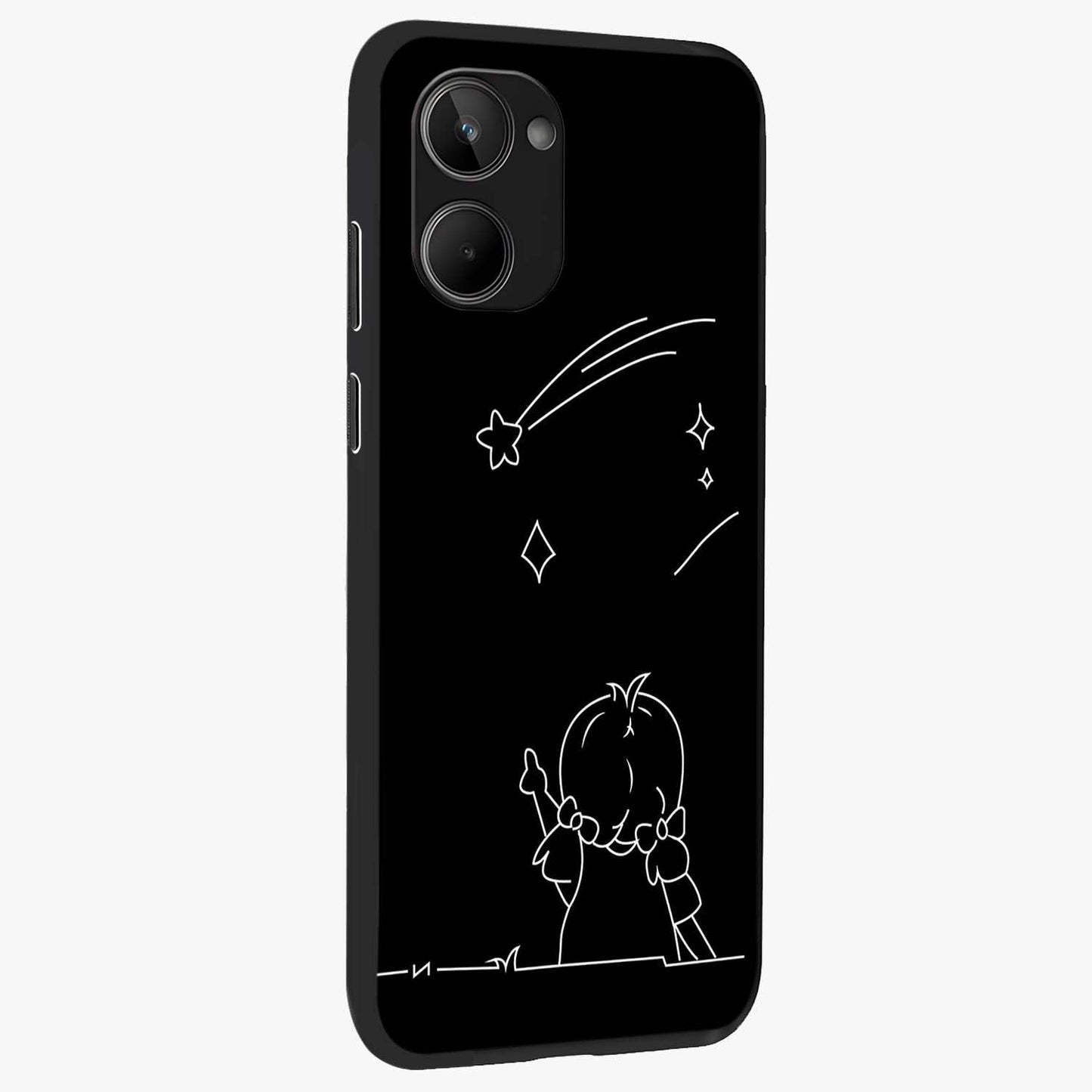 Line Art Girl With Shooting Stars Glass Case upright view showcasing delicate shooting stars artwork with minimal artistic theme.