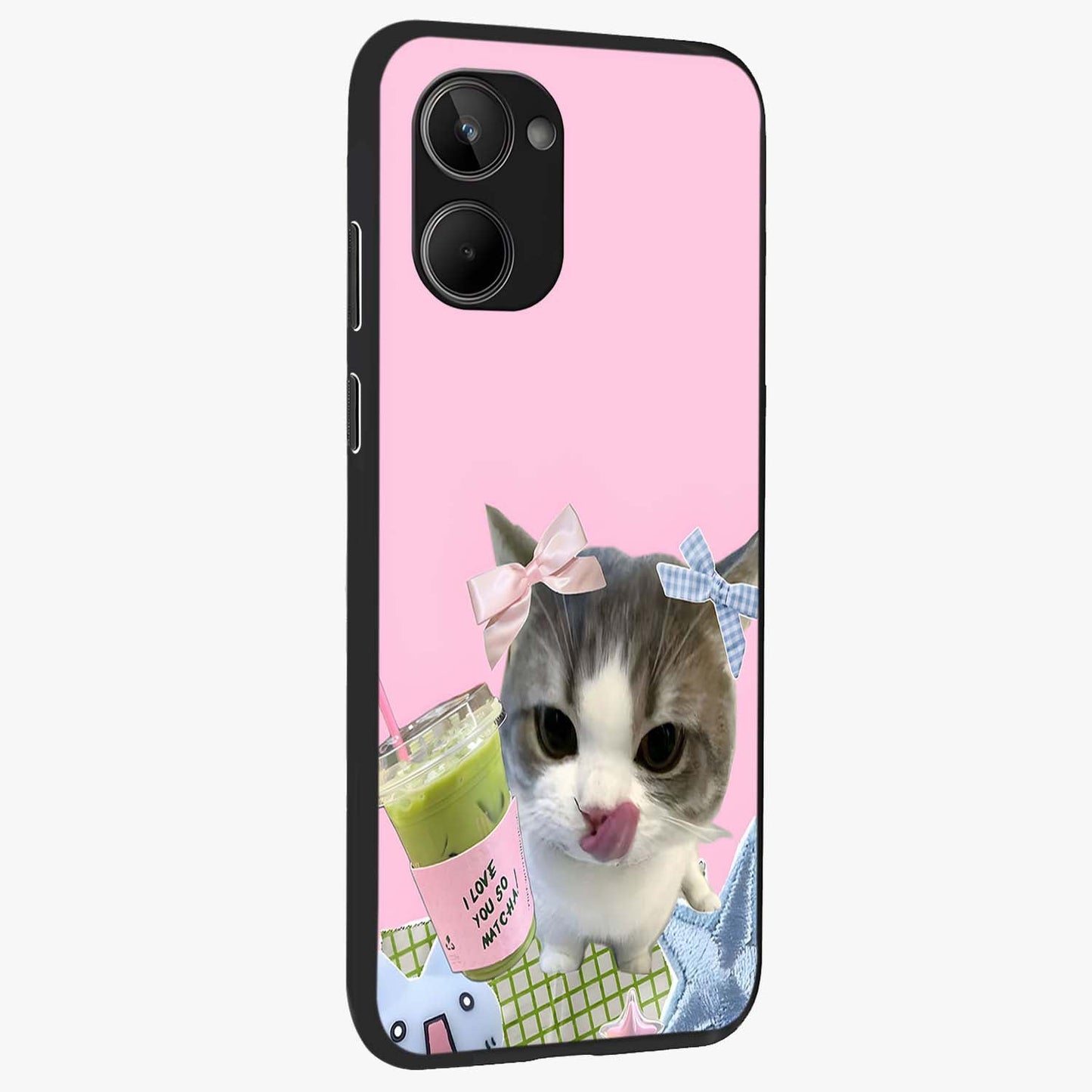 Love Matcha Cat Glass Case upright view showcasing adorable cat artwork with charming matcha themed design.