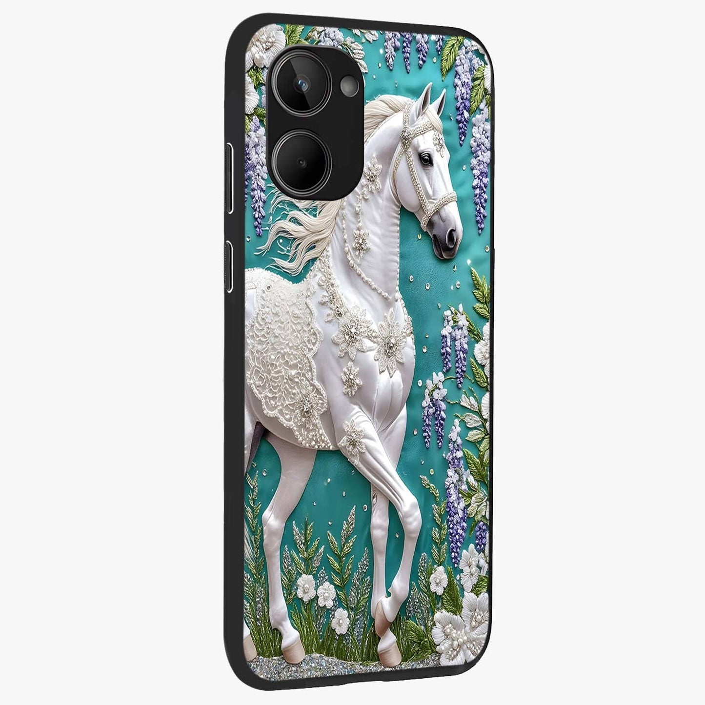 Majestic Floral Stallion Glass Case upright view showcasing dramatic horse artwork with decorative floral theme.