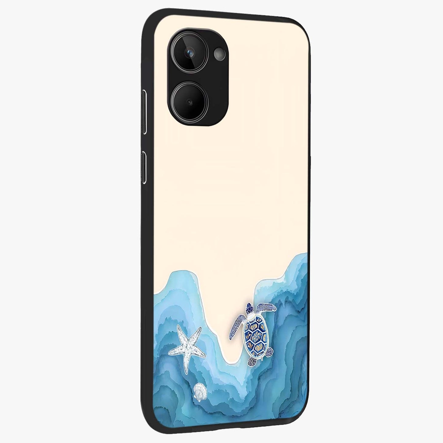 Ocean Drift Turtle Glass Case upright view showcasing calm underwater turtle artwork with nature inspired theme.