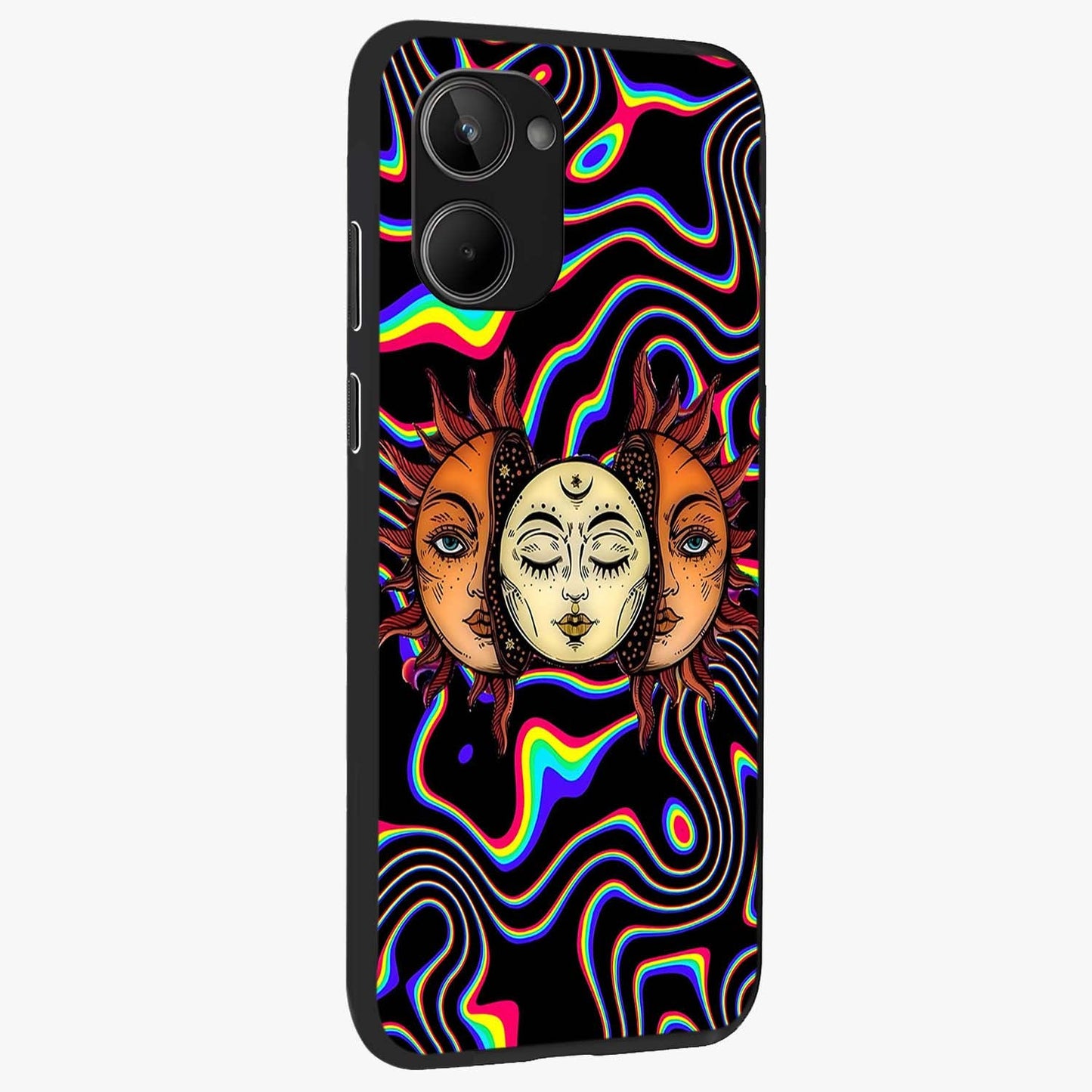 Psychedelic Sun Glass Case upright view showcasing trippy sun artwork with bold psychedelic theme.