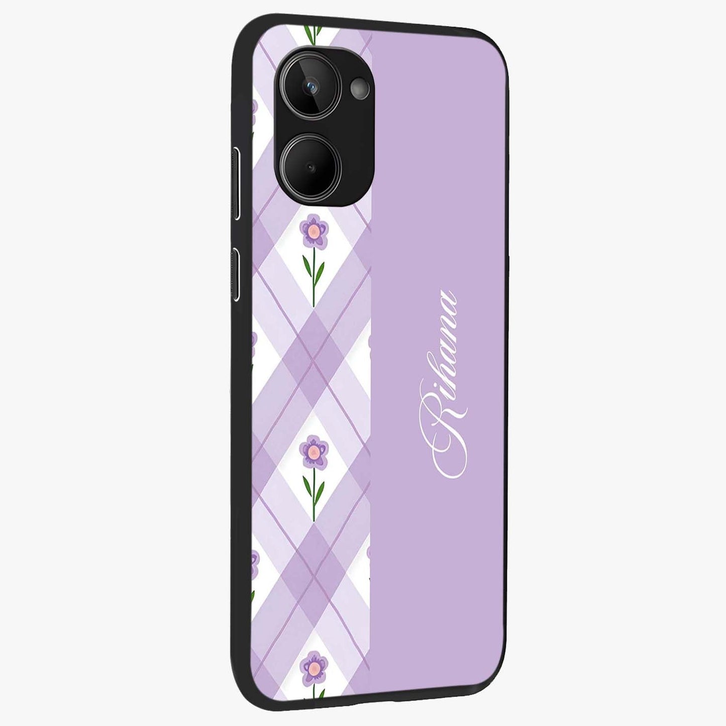 Purple Diamond Floral Glass Case upright view showcasing vibrant floral artwork with stylish geometric theme.