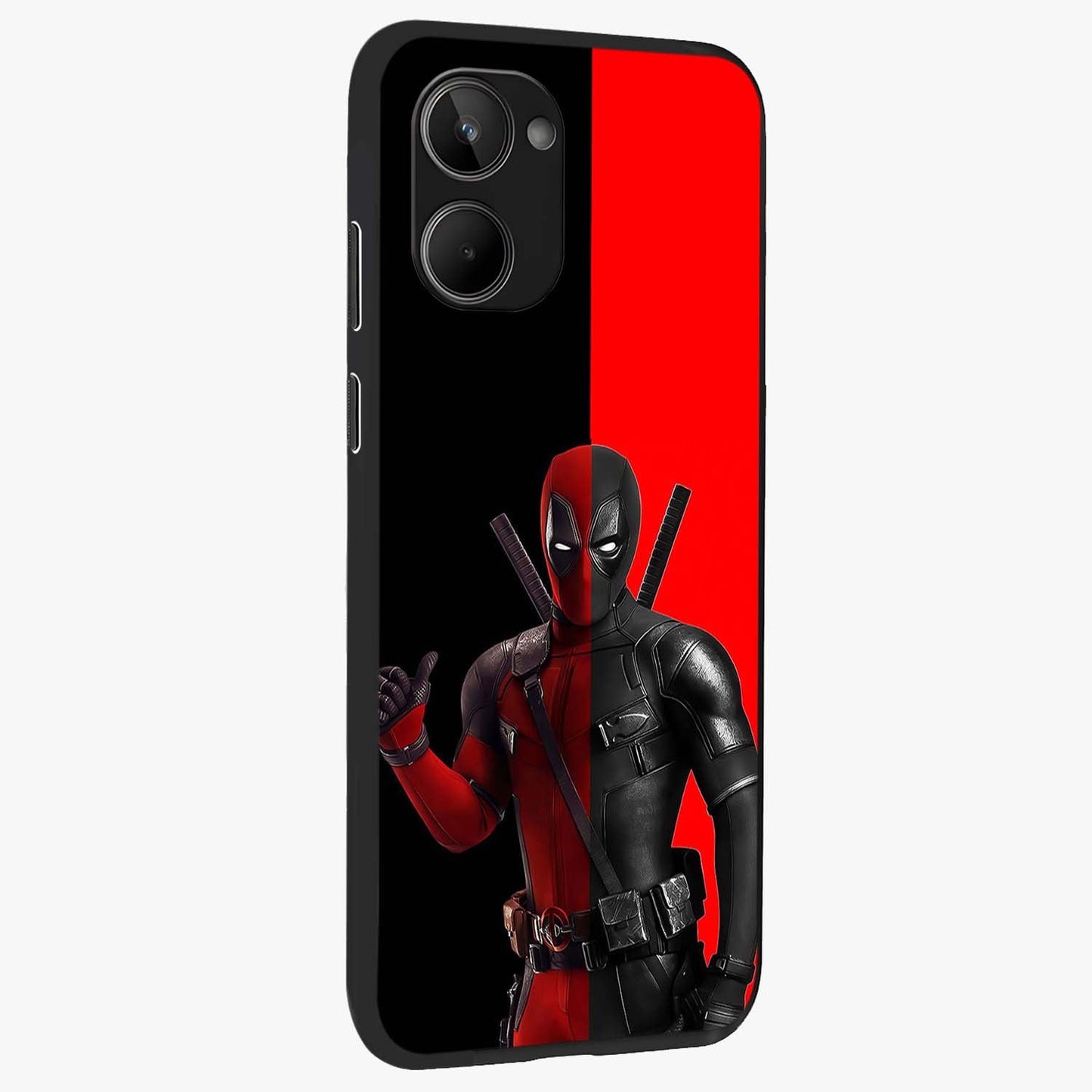 Red & Black Deadpool Theme Glass Case upright view showcasing energetic comic themed artwork with striking red and black design.
