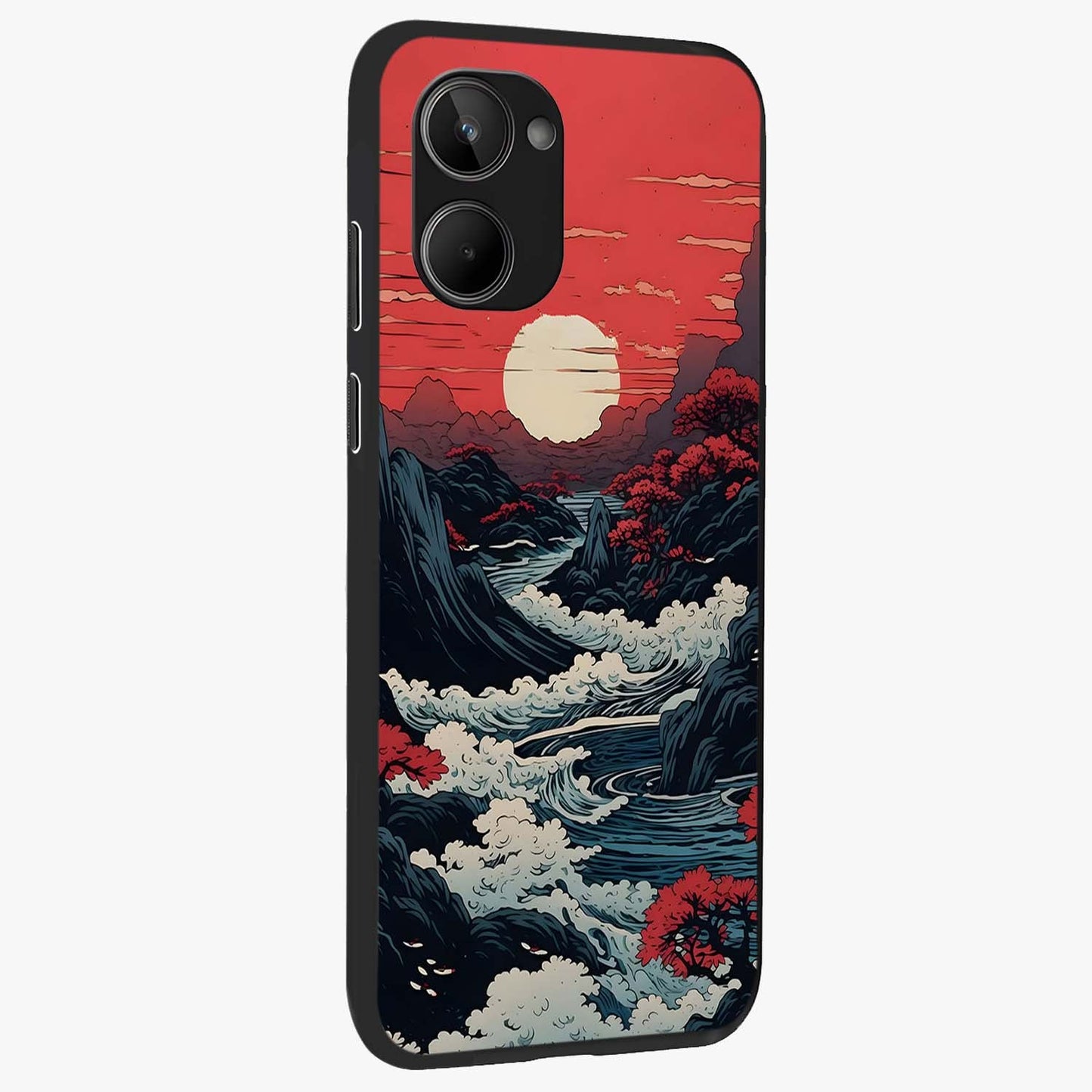 Red Sunset Scenery Glass Case upright view showcasing dramatic sunset scenery artwork with warm nature theme.