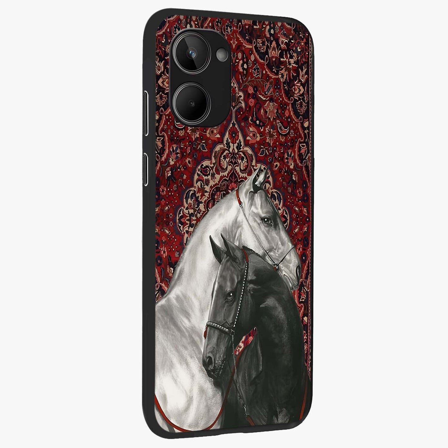 Regal Stallion Tapestry Glass Case upright view showcasing powerful horse artwork with elegant tapestry theme.