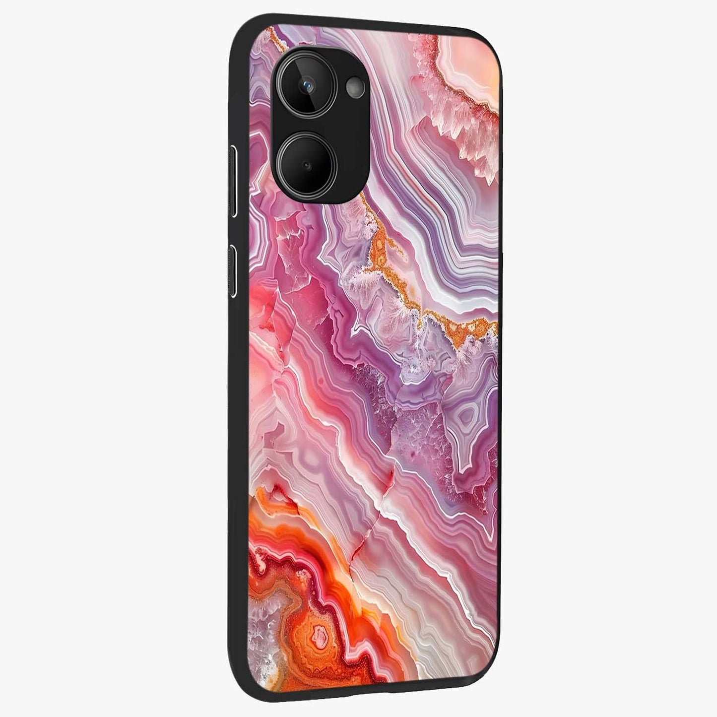 Rose Quartz Marble Glass Case upright view showcasing decorative marble artwork with luxurious pastel theme.