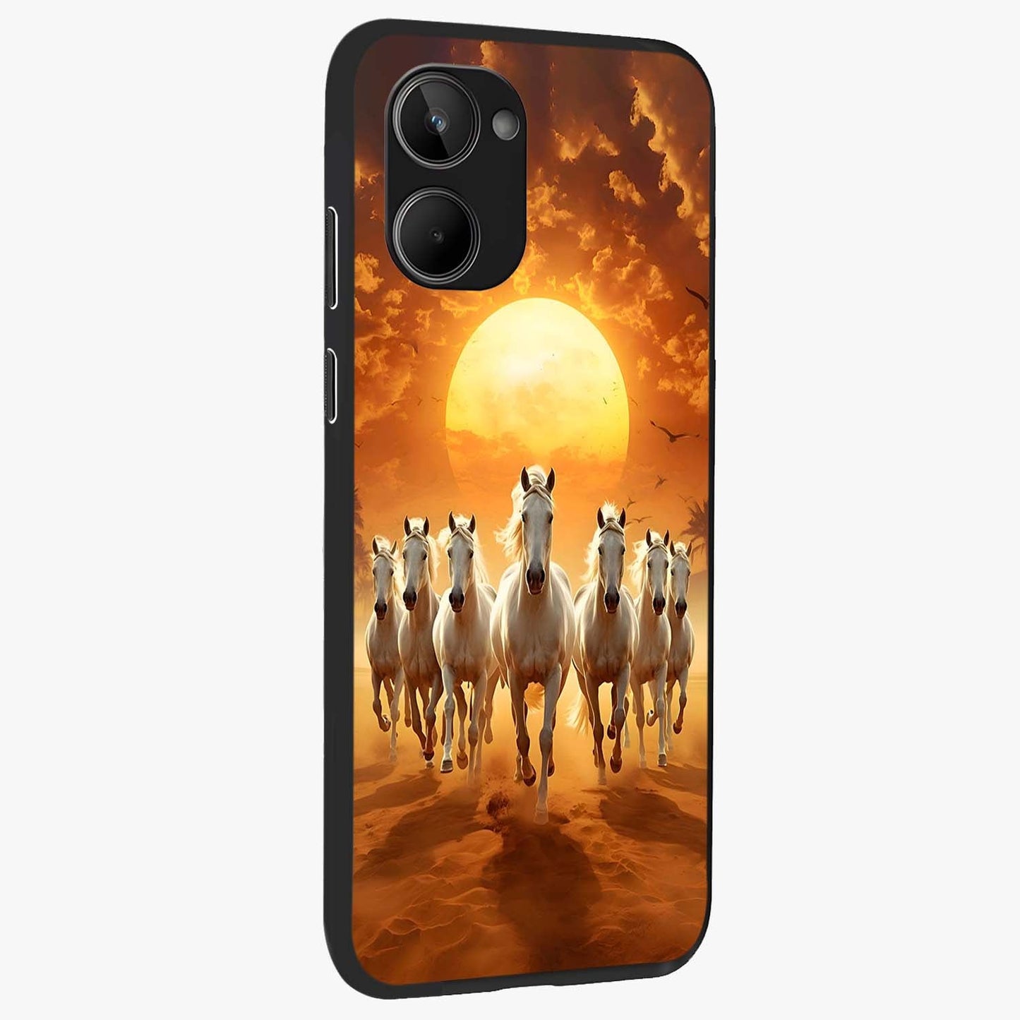 Wild Sunset Majesty Glass Case upright view showcasing dramatic sunset artwork with bold nature theme.