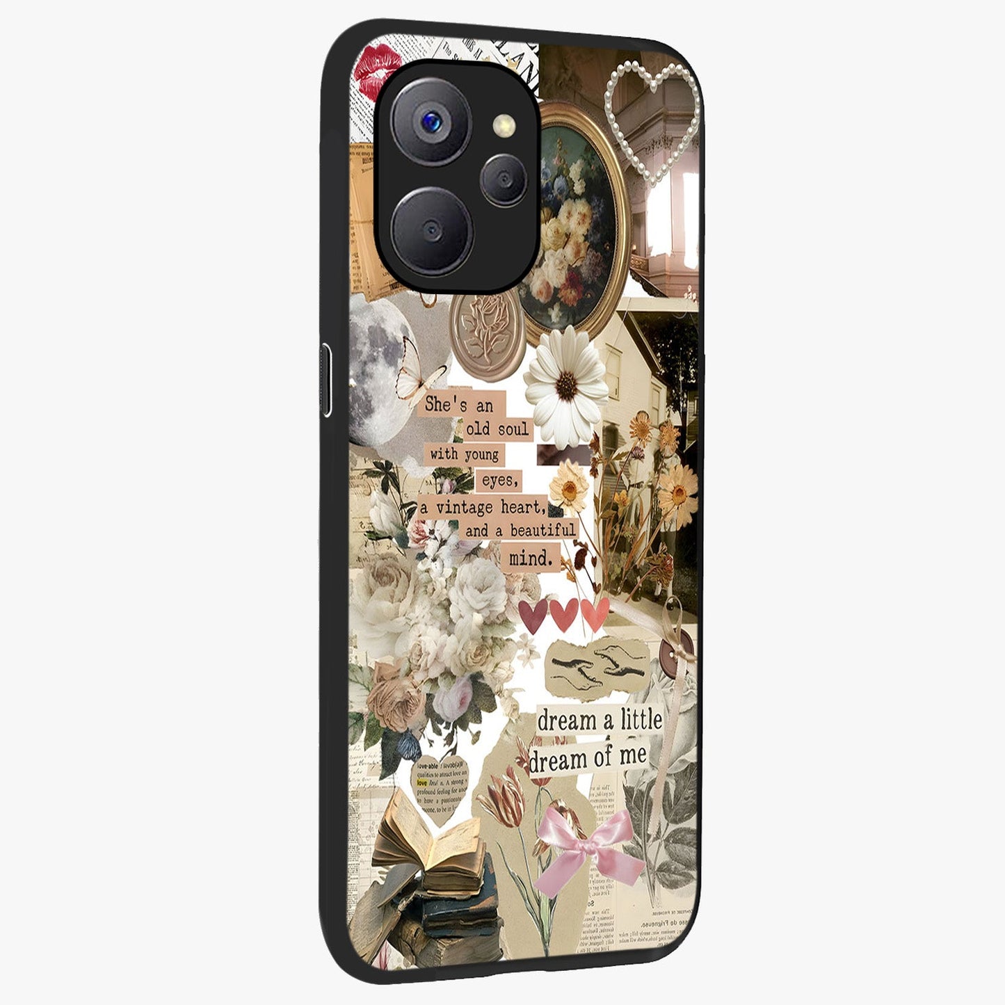 Aesthetic Brown Vintage Collage Glass Case upright view showcasing nostalgic retro artwork with stylish vintage theme.