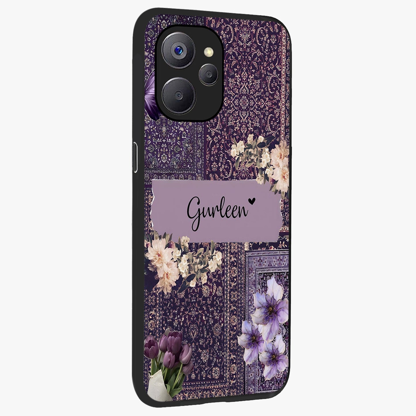 Antique Floral Whisper Custom Name Glass Case upright view showcasing delicate floral artwork with custom name feature.