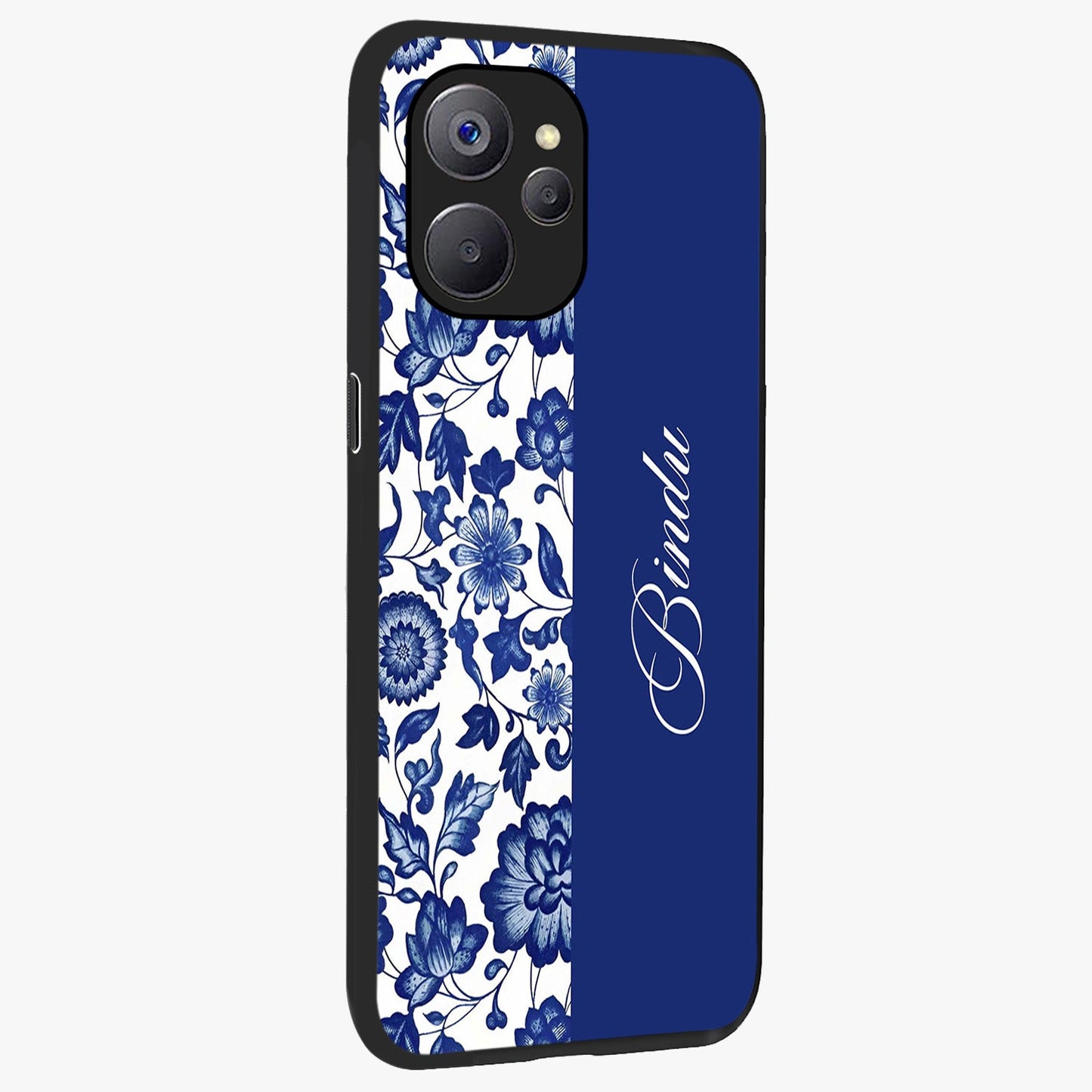 Blue Vintage Floral Pattern Glass Case upright view showcasing delicate blush floral texture with modern minimal style.