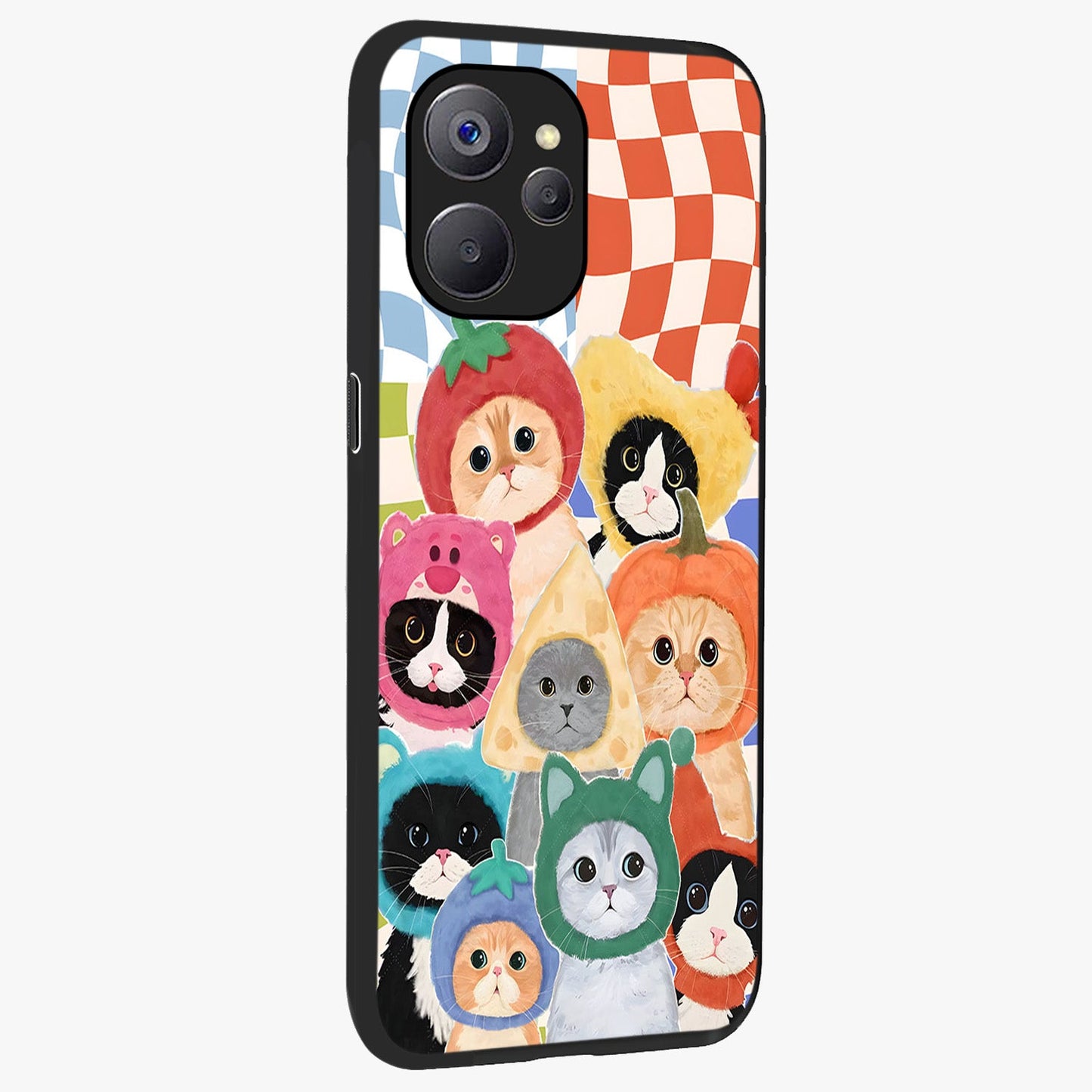 Cats in Fruits Glass Case upright view showcasing charming cat artwork with fun fruity theme.