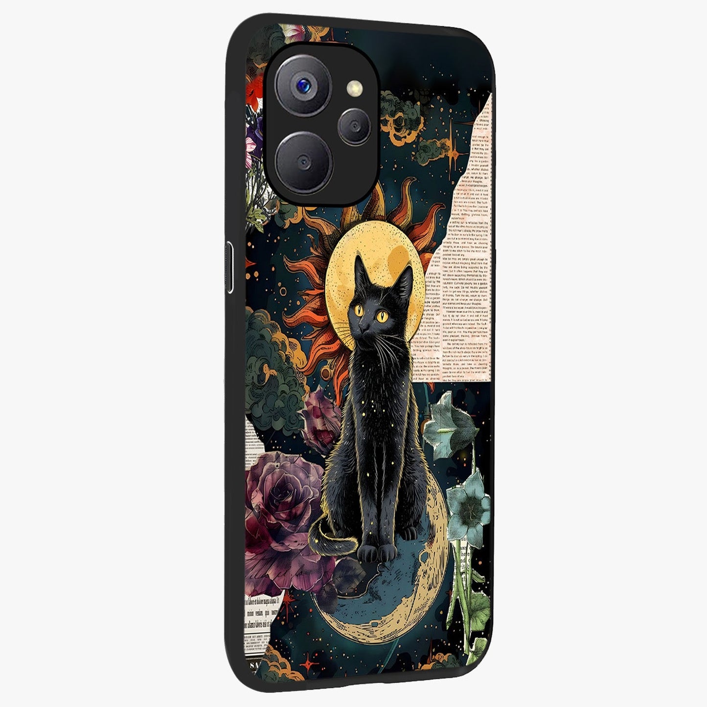 Celestial Black Cat Glass Case upright view showcasing magical black cat illustration with starry cosmic theme.
