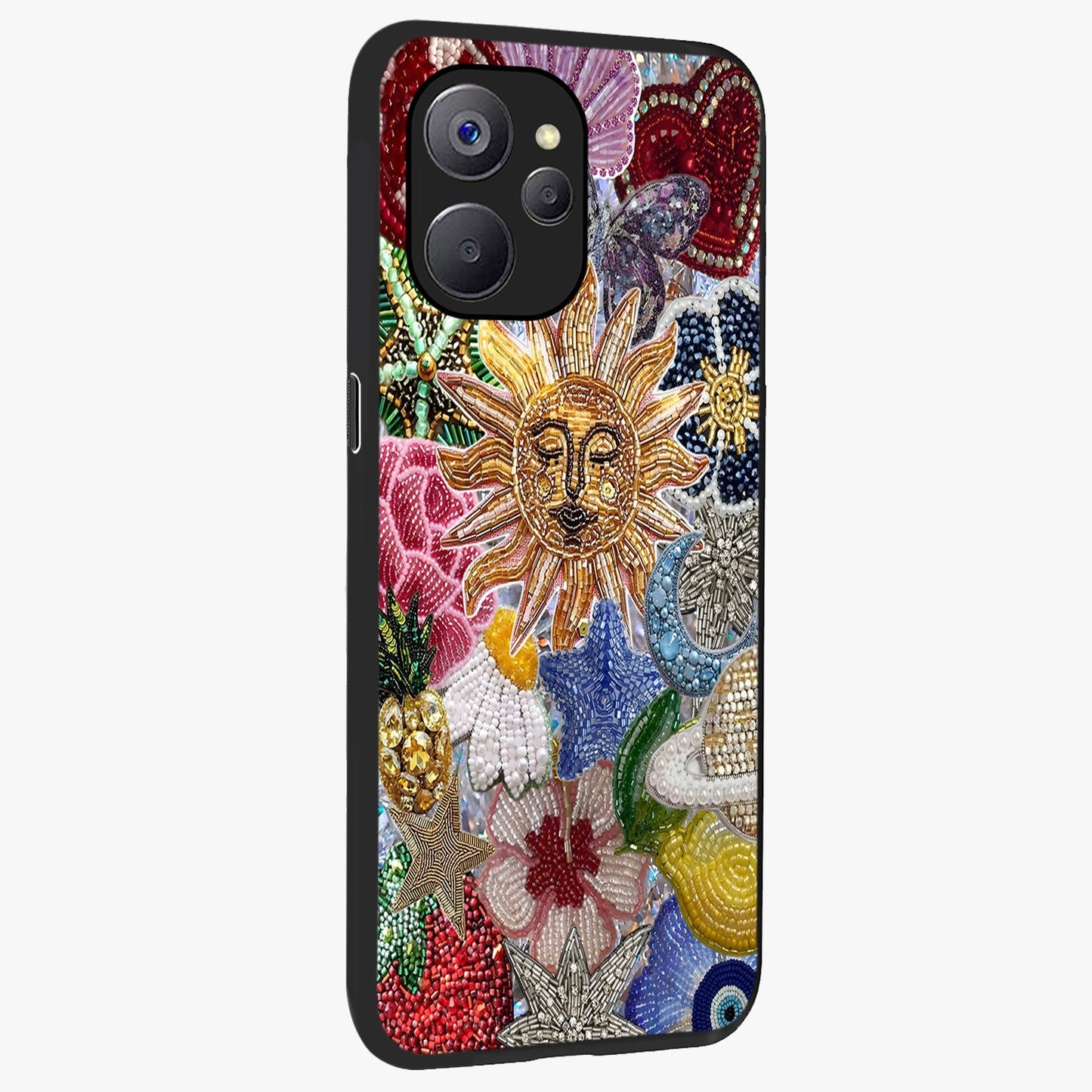 Celestial Floral and Playful Glass Case upright view showcasing whimsical floral artwork with cosmic aesthetic theme.