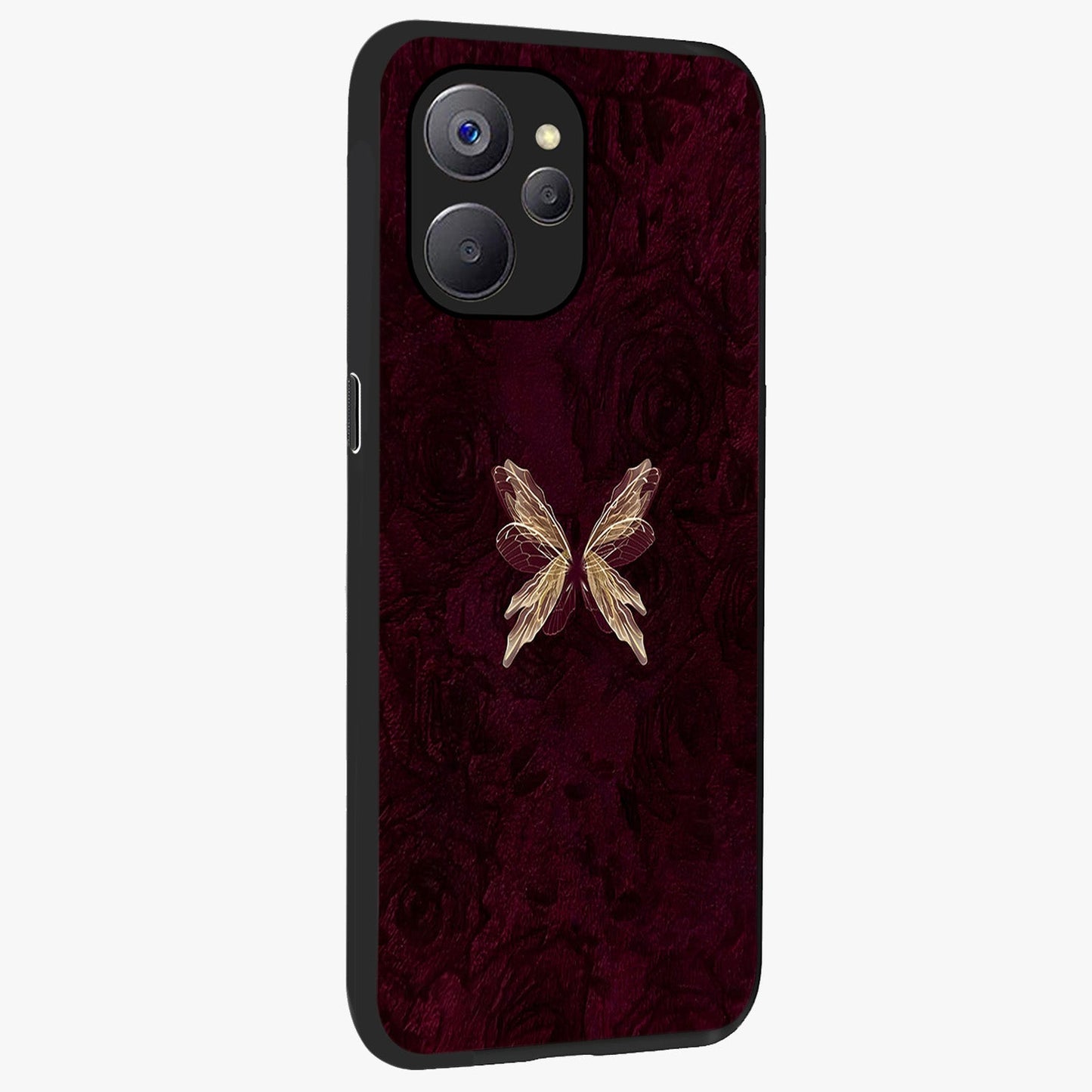 Crimson Fade Butterfly Glass Case upright view showcasing graceful butterfly artwork with soft crimson fade effect.