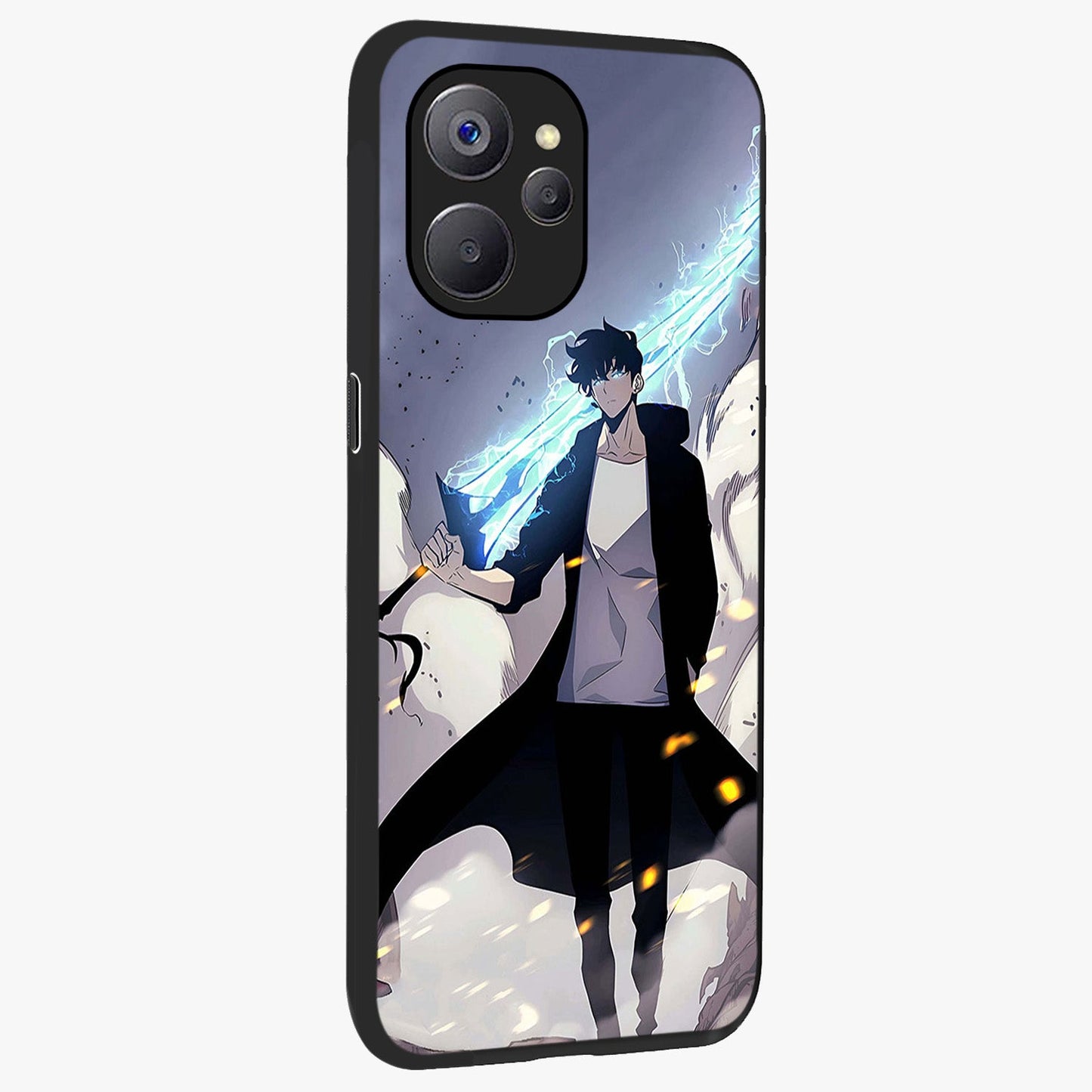 Dark Lightning Anime Warrior Glass Case upright view showcasing dramatic warrior artwork with dark lightning aesthetic.