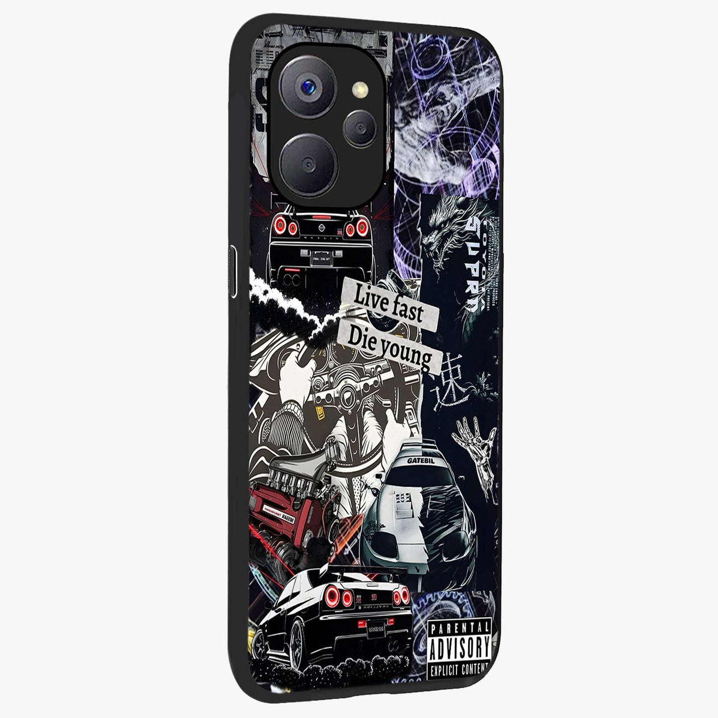 Die Young Glass Case upright view showcasing striking typography artwork with modern statement theme.
