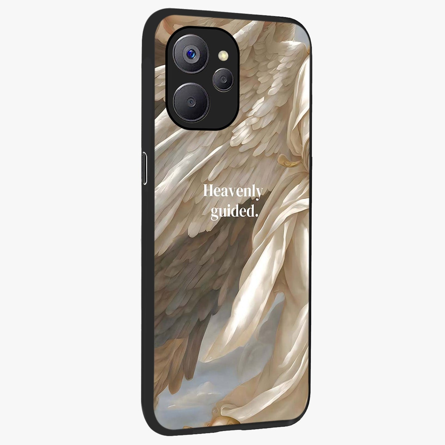 Divine Winged Grace Glass Case upright view showcasing spiritual wing artwork with soft celestial theme.