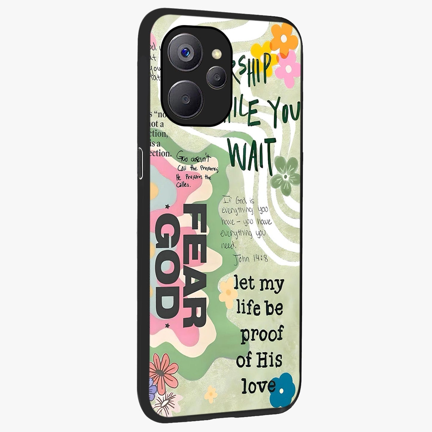 Faith Over Fear Glass Case upright view showcasing bold typography artwork with uplifting motivational theme.