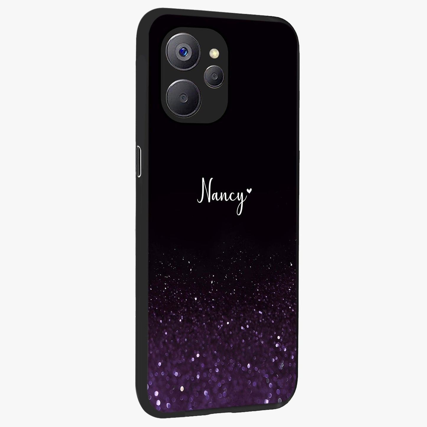 Glittery Purple Bokeh Custom Name Glass Case upright view showcasing vibrant purple sparkle artwork with personalized aesthetic style.