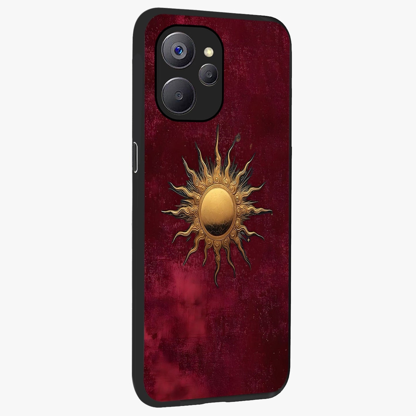 Golden Sun Minimalism Glass Case upright view showcasing simple golden sun artwork with elegant minimalist style.