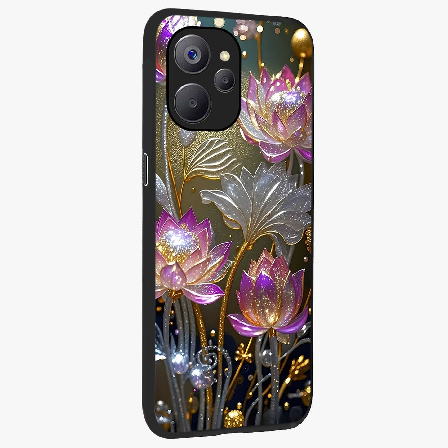 Golden Floral Majesty Glass Case upright view showcasing majestic floral artwork with rich decorative theme.