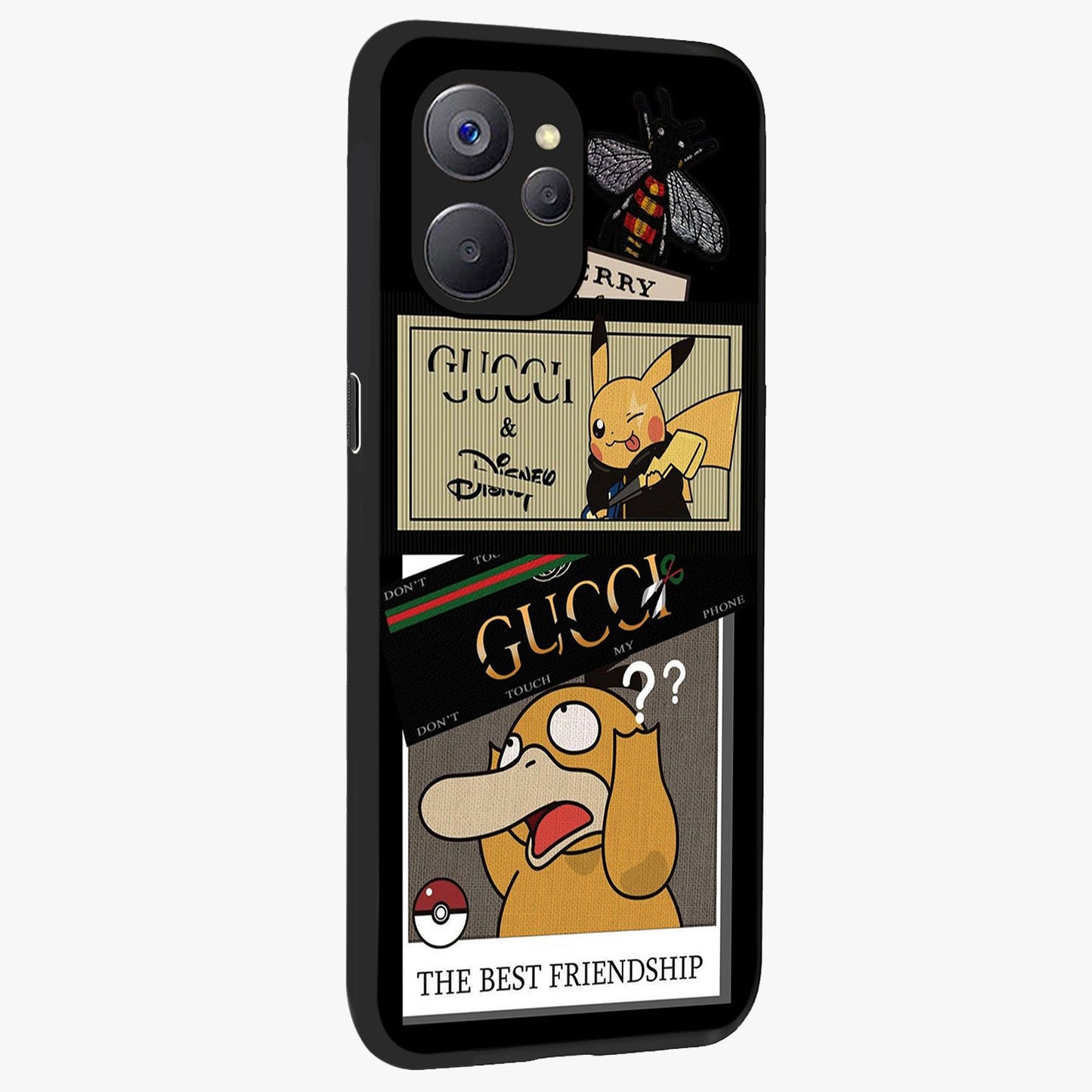 Gucci Play Mashup Glass Case upright view showcasing trendy luxury inspired artwork with modern fashion theme.