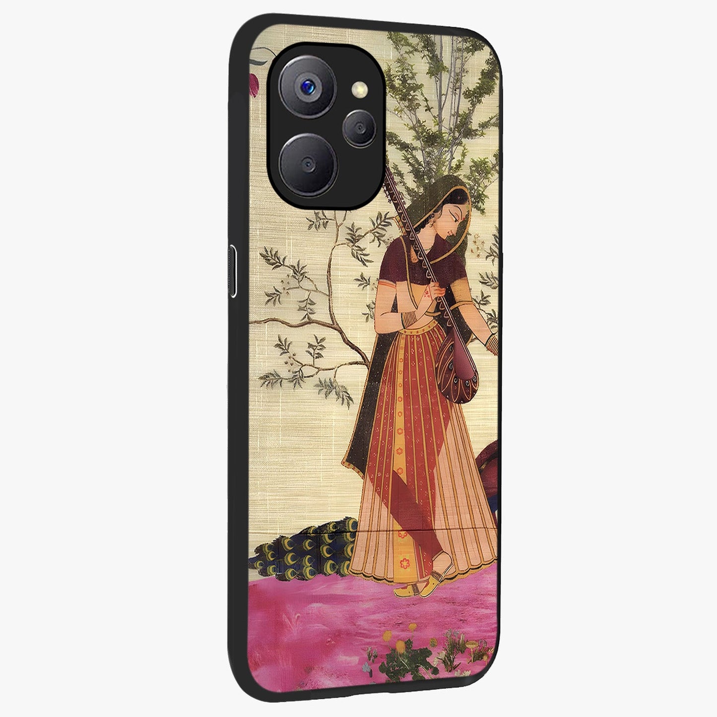 Lady With Veena Art Glass Case upright view showcasing classical veena artwork with traditional artistic theme.