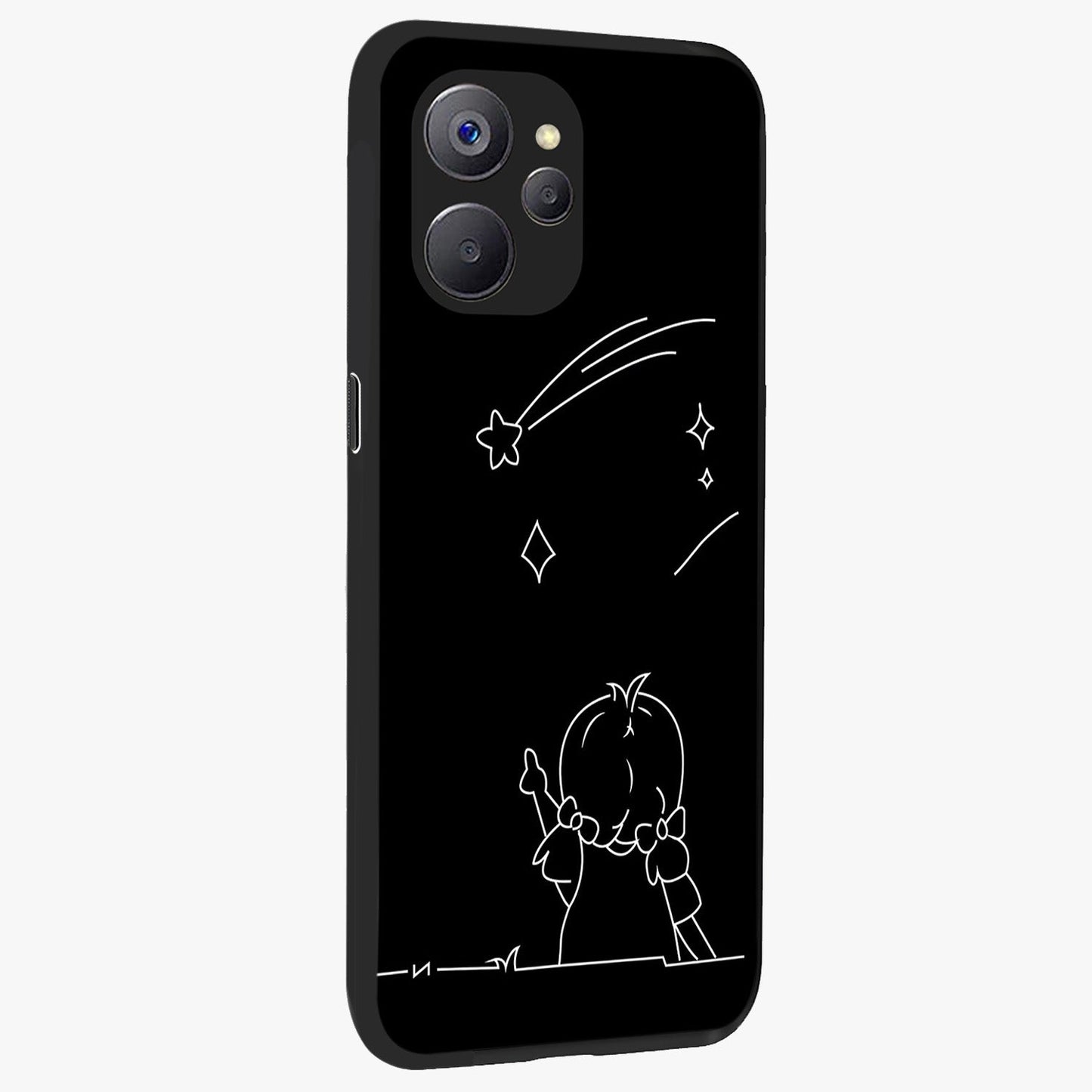 Line Art Girl With Shooting Stars Glass Case upright view showcasing delicate shooting stars artwork with minimal artistic theme.