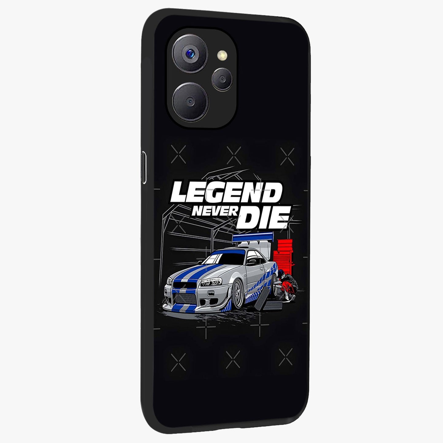 Midnight Racing Legacy Glass Case upright view showcasing powerful racing artwork with modern sports theme.