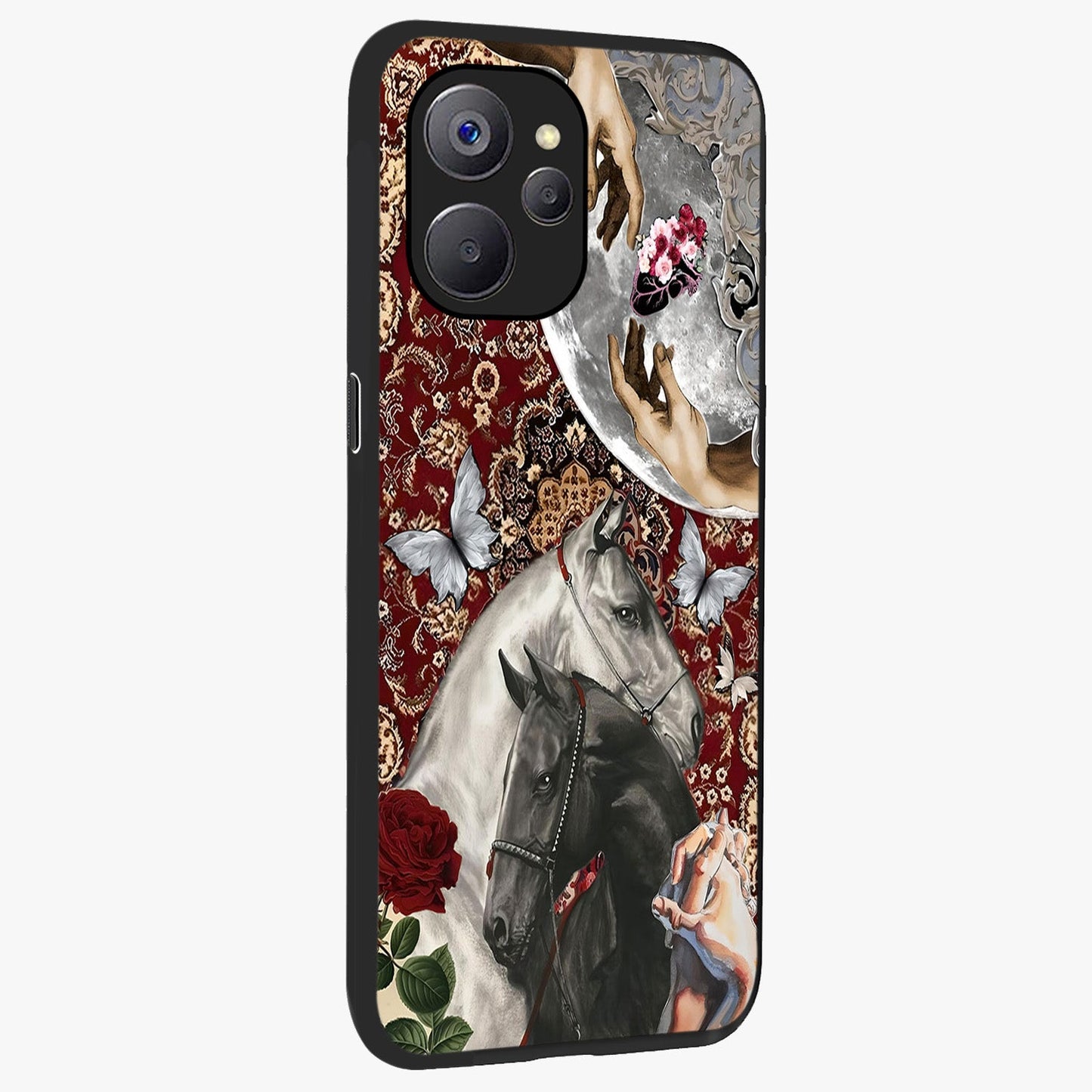 Moonlit Royal Stallion Glass Case upright view showcasing dramatic horse artwork with glowing moon themed design.