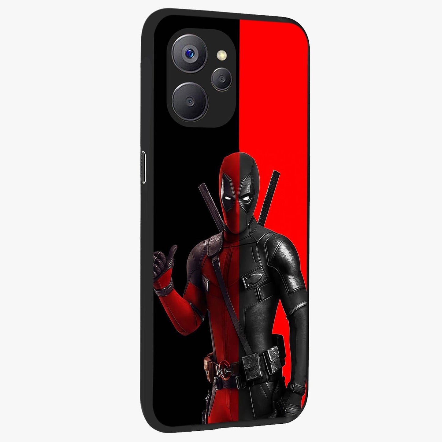 Red & Black Deadpool Theme Glass Case upright view showcasing energetic comic themed artwork with striking red and black design.