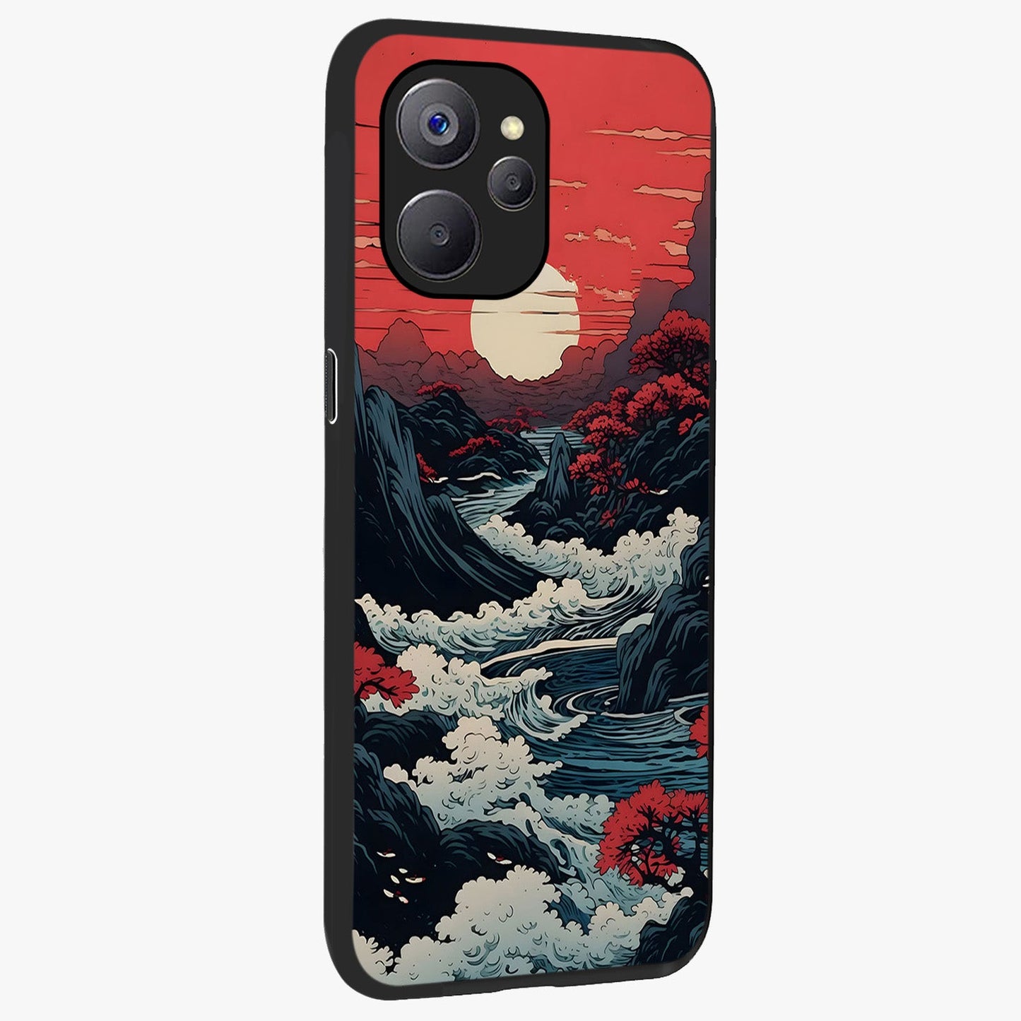 Red Sunset Scenery Glass Case upright view showcasing dramatic sunset scenery artwork with warm nature theme.