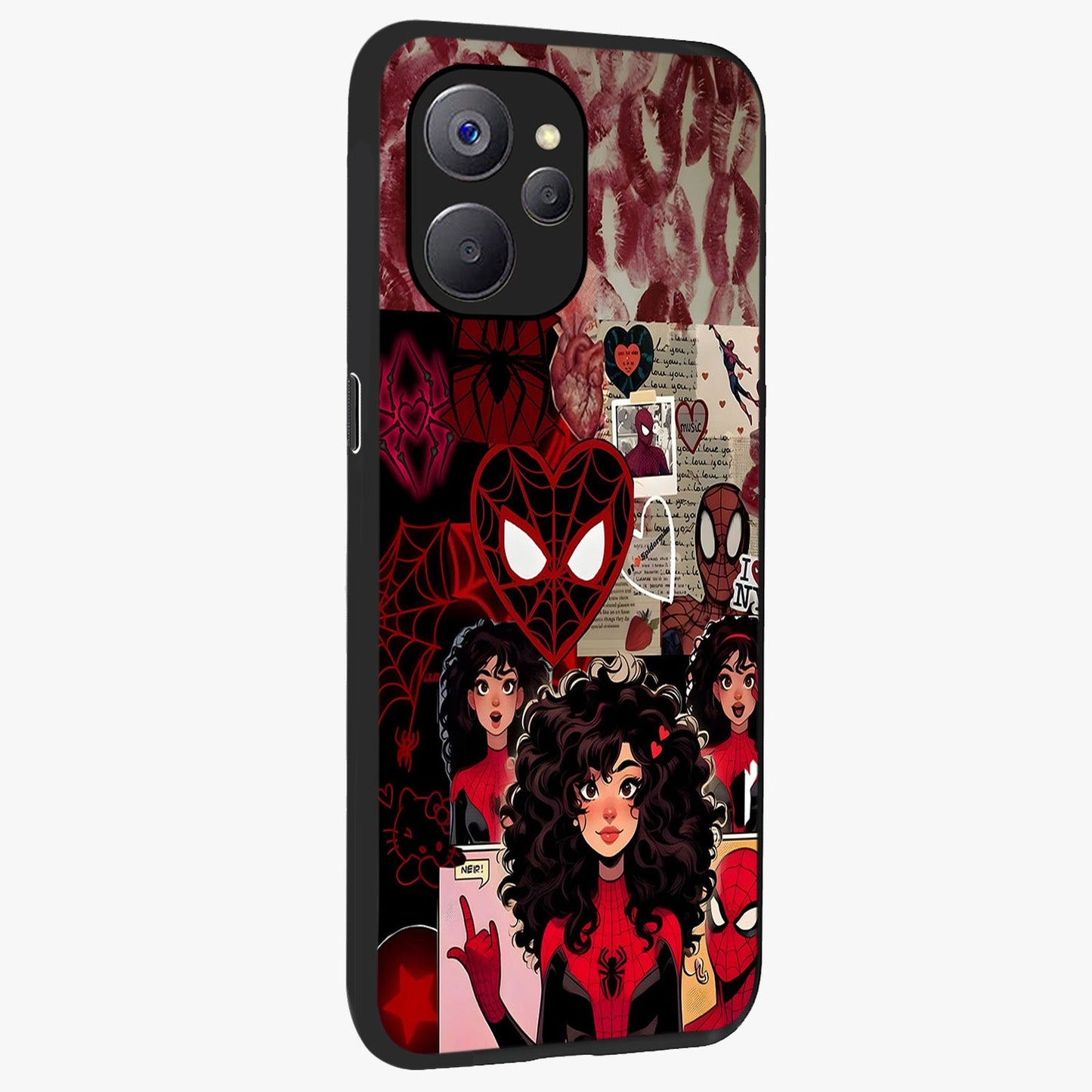Spider Love Story Glass Case upright view showcasing charming superhero artwork with romantic comic theme.