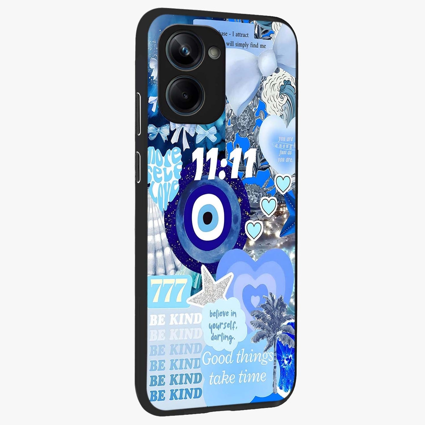 Aesthetic Be Kind Eye Glass Case upright view showcasing stylish eye illustration with positive message theme.
