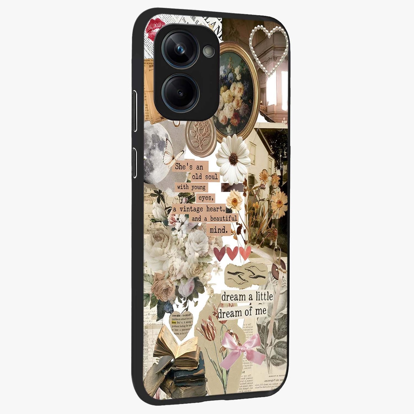 Aesthetic Brown Vintage Collage Glass Case upright view showcasing nostalgic retro artwork with stylish vintage theme.