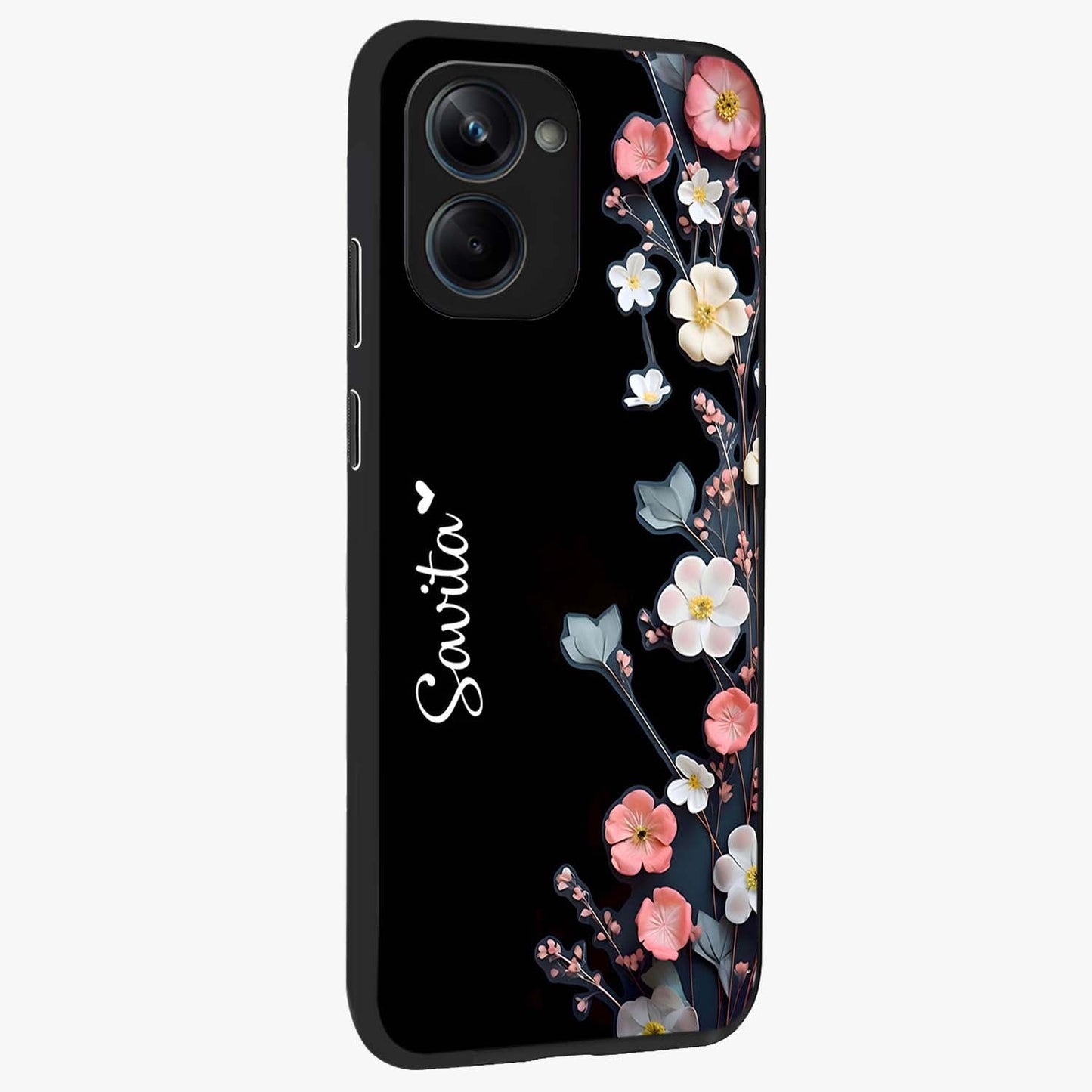 Black Elegance Floral Custom Name Glass Case upright view showcasing luxurious black floral design with personalized name detail.