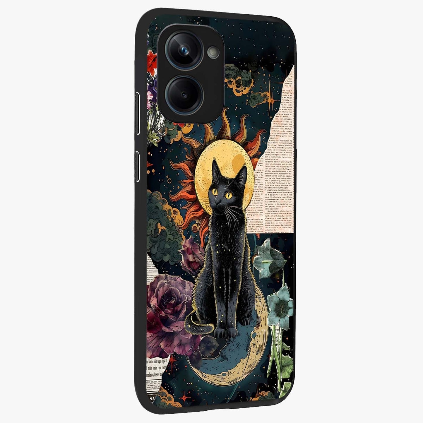 Celestial Black Cat Glass Case upright view showcasing magical black cat illustration with starry cosmic theme.