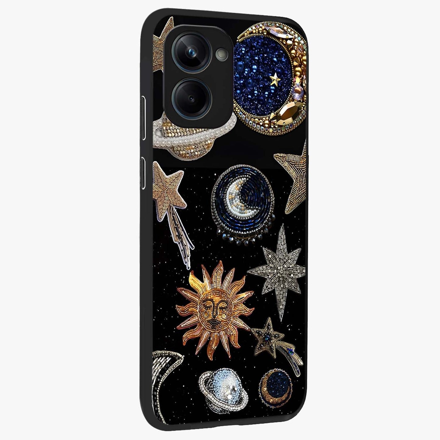 Celestial Gem Constellations Glass Case upright view showcasing cosmic constellation artwork with celestial aesthetic style.
