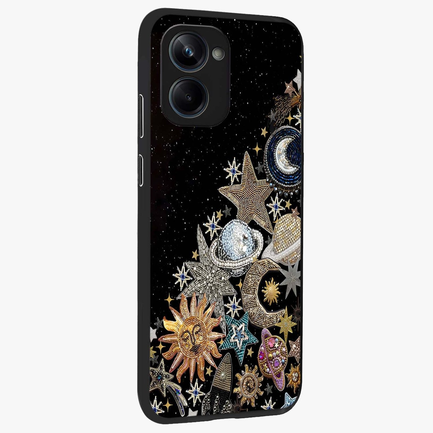 Cosmic Sparkle Dreams Glass Case upright view showcasing glowing cosmic artwork with magical galaxy theme.