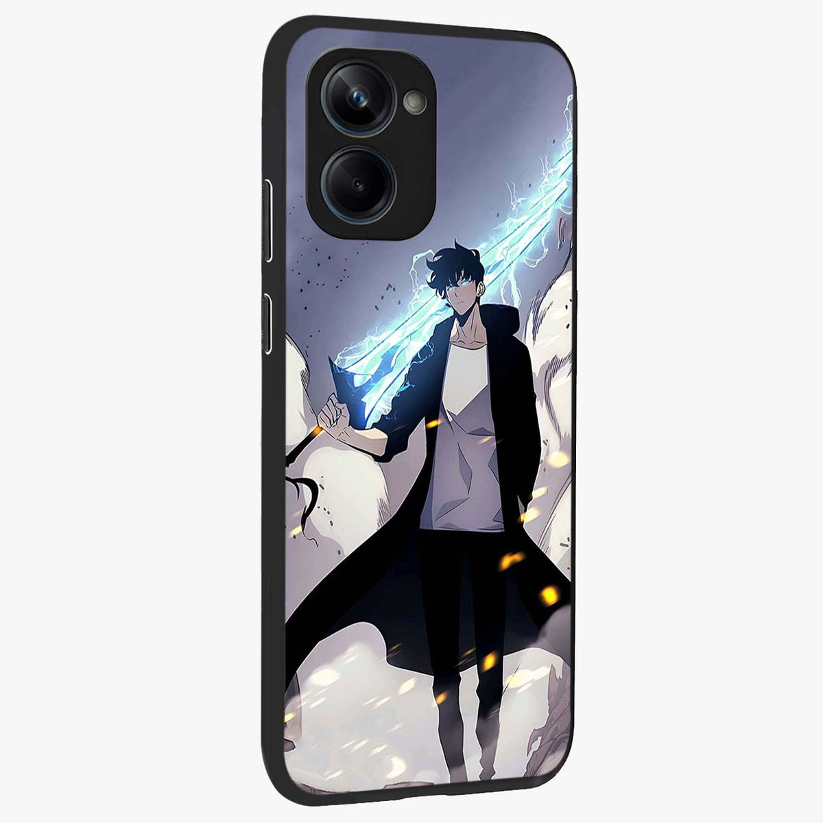 Dark Lightning Anime Warrior Glass Case upright view showcasing dramatic warrior artwork with dark lightning aesthetic.