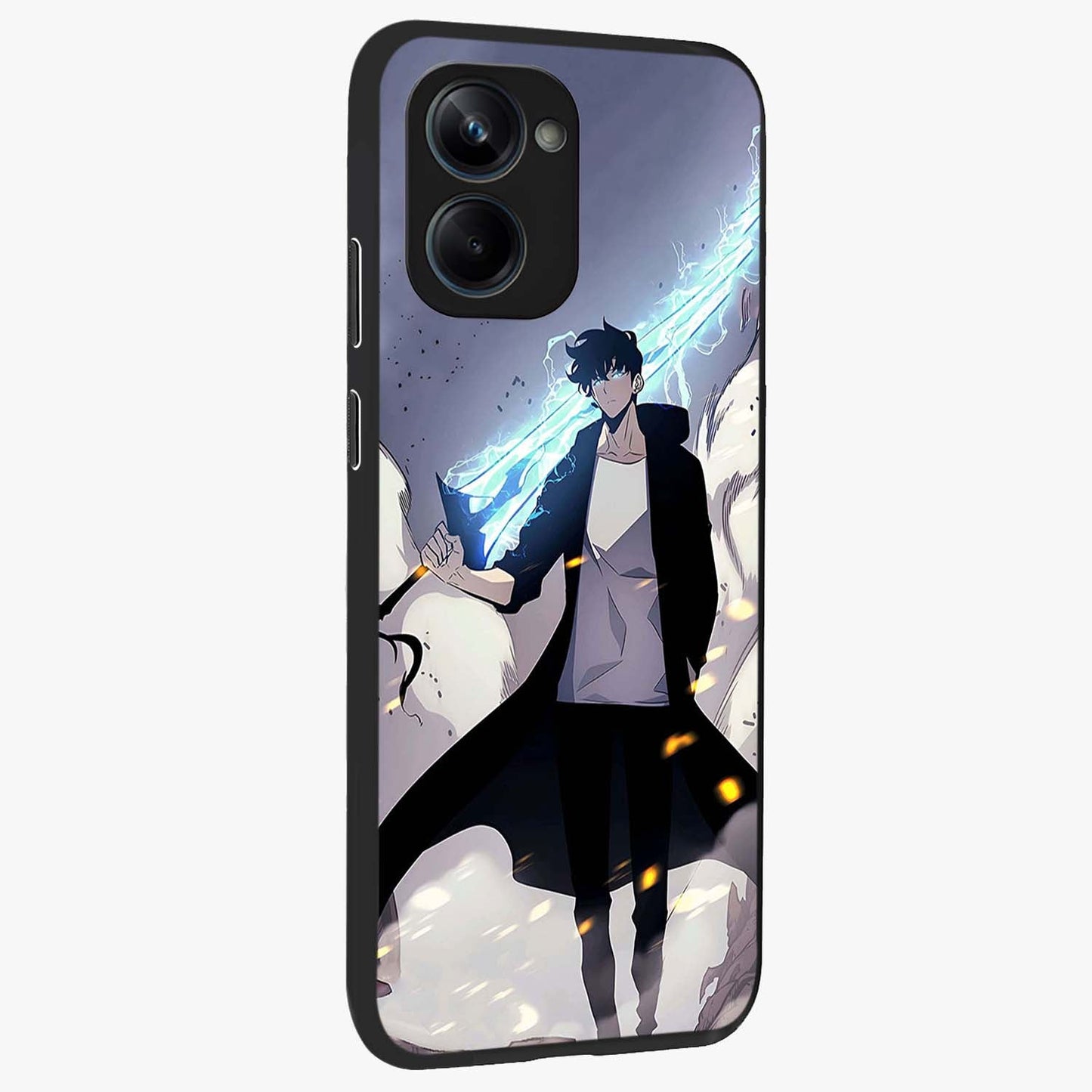 Dark Lightning Anime Warrior Glass Case upright view showcasing dramatic warrior artwork with dark lightning aesthetic.